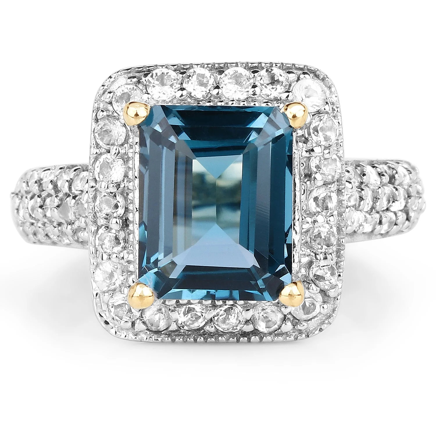 14K Yellow Gold Plated 5.03 Carat Genuine London Blue Topaz and White Topaz .925 Sterling Silver Ring - Image 4