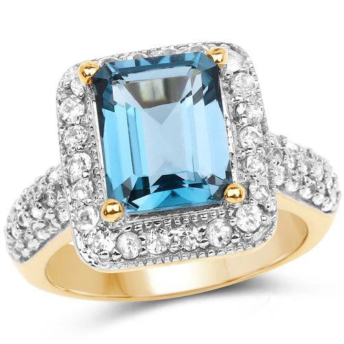 14K Yellow Gold Plated 5.03 Carat Genuine London Blue Topaz and White Topaz .925 Sterling Silver Ring - Image 5
