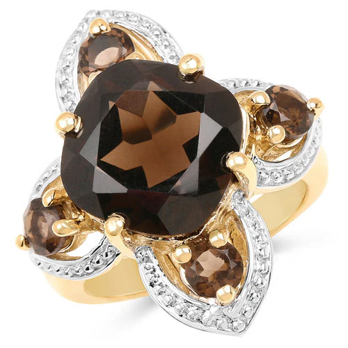 14K Yellow Gold Plated 5.92 Carat Genuine Smoky Quartz .925 Sterling Silver Ring - Image 4