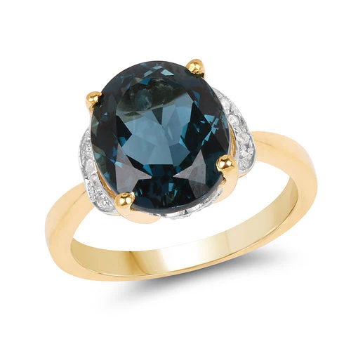14K Yellow Gold Plated 6.09 Carat Genuine London Blue Topaz & White Diamond .925 Sterling Silver Ring - Image 4