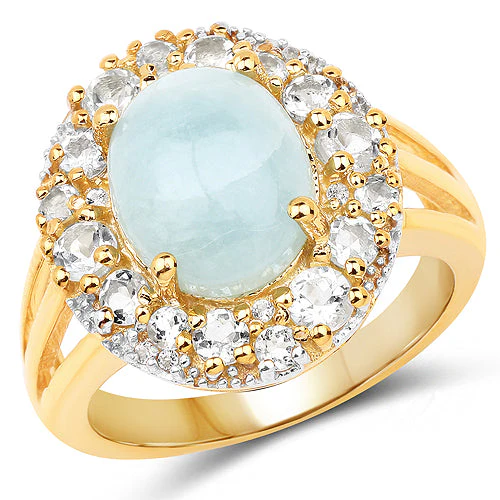 14K Yellow Gold Plated 6.72 Carat Genuine Aquamarine and White Topaz .925 Sterling Silver Ring - Image 4