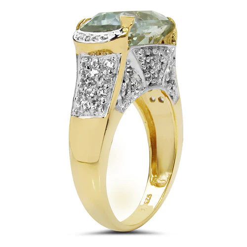 14K Yellow Gold Plated 6.81 Carat Genuine Green Amethyst & White Topaz .925 Sterling Silver Ring - Image 5