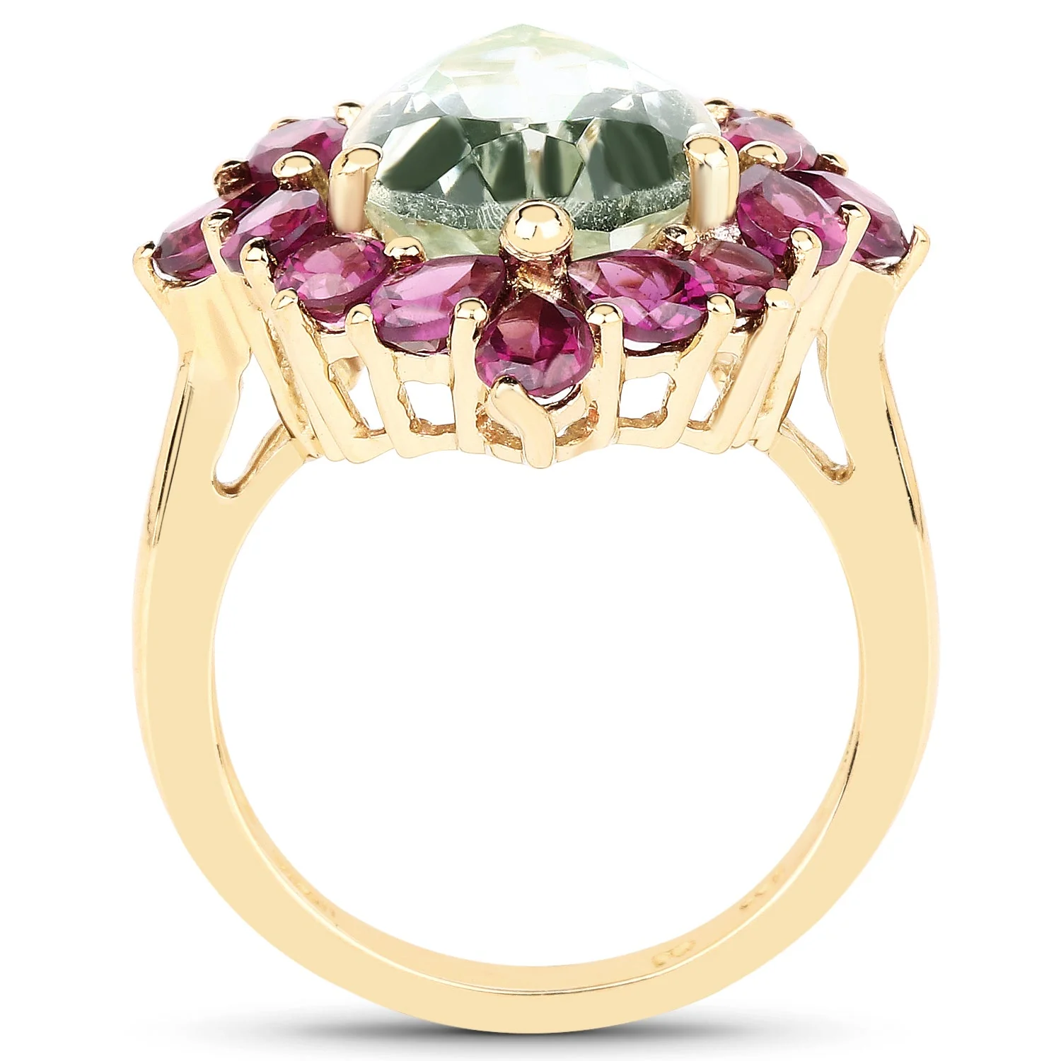 14K Yellow Gold Plated 7.21 Carat Genuine Green Amethyst and Rhodolite .925 Sterling Silver Ring - Image 2