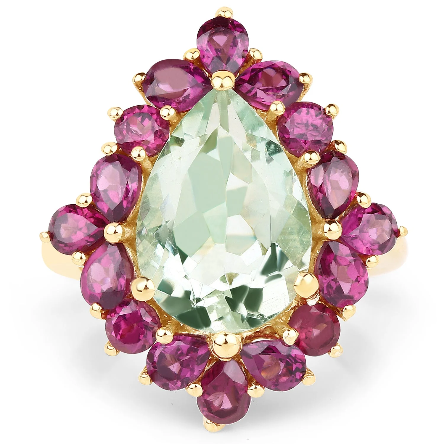 14K Yellow Gold Plated 7.21 Carat Genuine Green Amethyst and Rhodolite .925 Sterling Silver Ring - Image 3