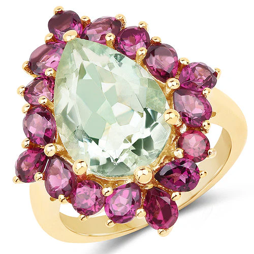 14K Yellow Gold Plated 7.21 Carat Genuine Green Amethyst and Rhodolite .925 Sterling Silver Ring - Image 4