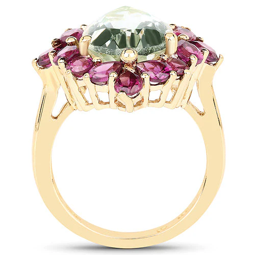 14K Yellow Gold Plated 7.21 Carat Genuine Green Amethyst and Rhodolite .925 Sterling Silver Ring - Image 5