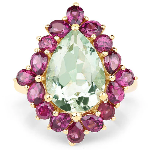 14K Yellow Gold Plated 7.21 Carat Genuine Green Amethyst and Rhodolite .925 Sterling Silver Ring - Image 6