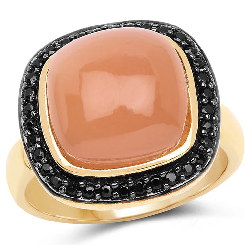 14K Yellow Gold Plated 7.50 ct. t.w. Peach Moonstone and Black Spinel Ring in Sterling Silver - Image 4