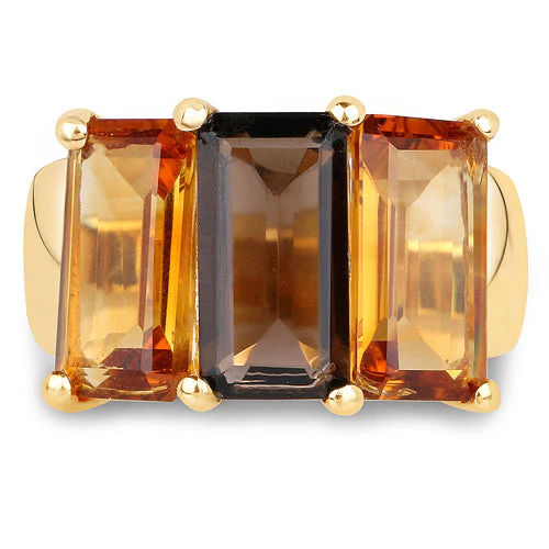 14K Yellow Gold Plated 8.14 Carat Genuine Smoky Quartz, Citrine and Champagne Quartz .925 Sterling Silver Ring - Image 8