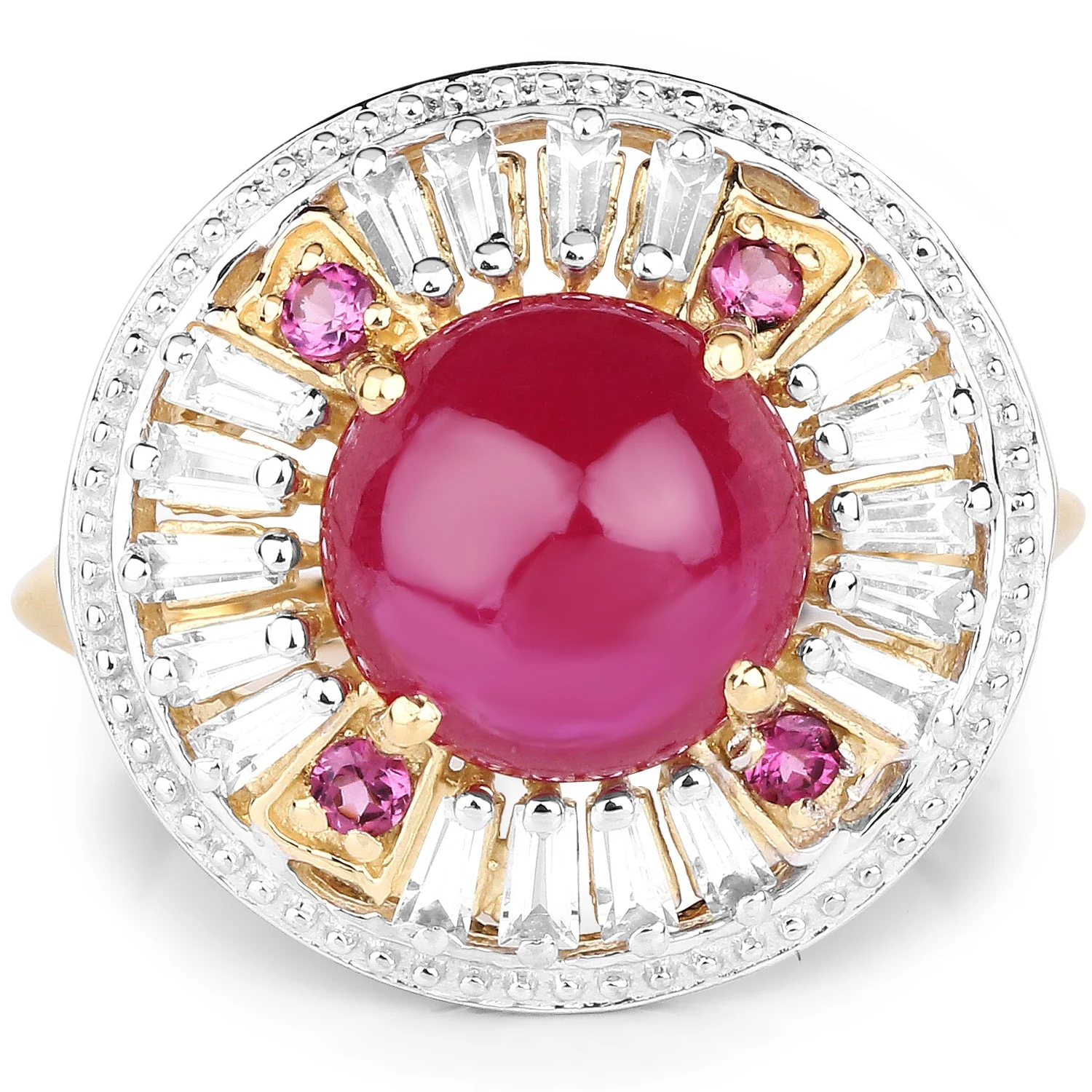 14K Yellow Gold Plated 8.91 Carat Genuine Glass Filled Ruby, Rhodolite & White Topaz .925 Sterling Silver Ring - Image 3