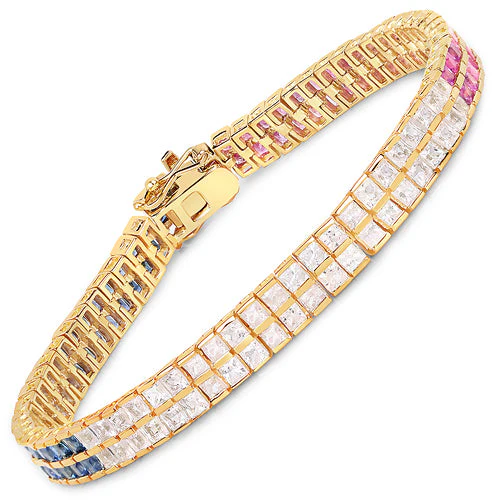 14K Yellow Gold Plated 9.52 Carat Genuine Blue Sapphire and White Sapphire .925 Sterling Silver Bracelet - Image 5