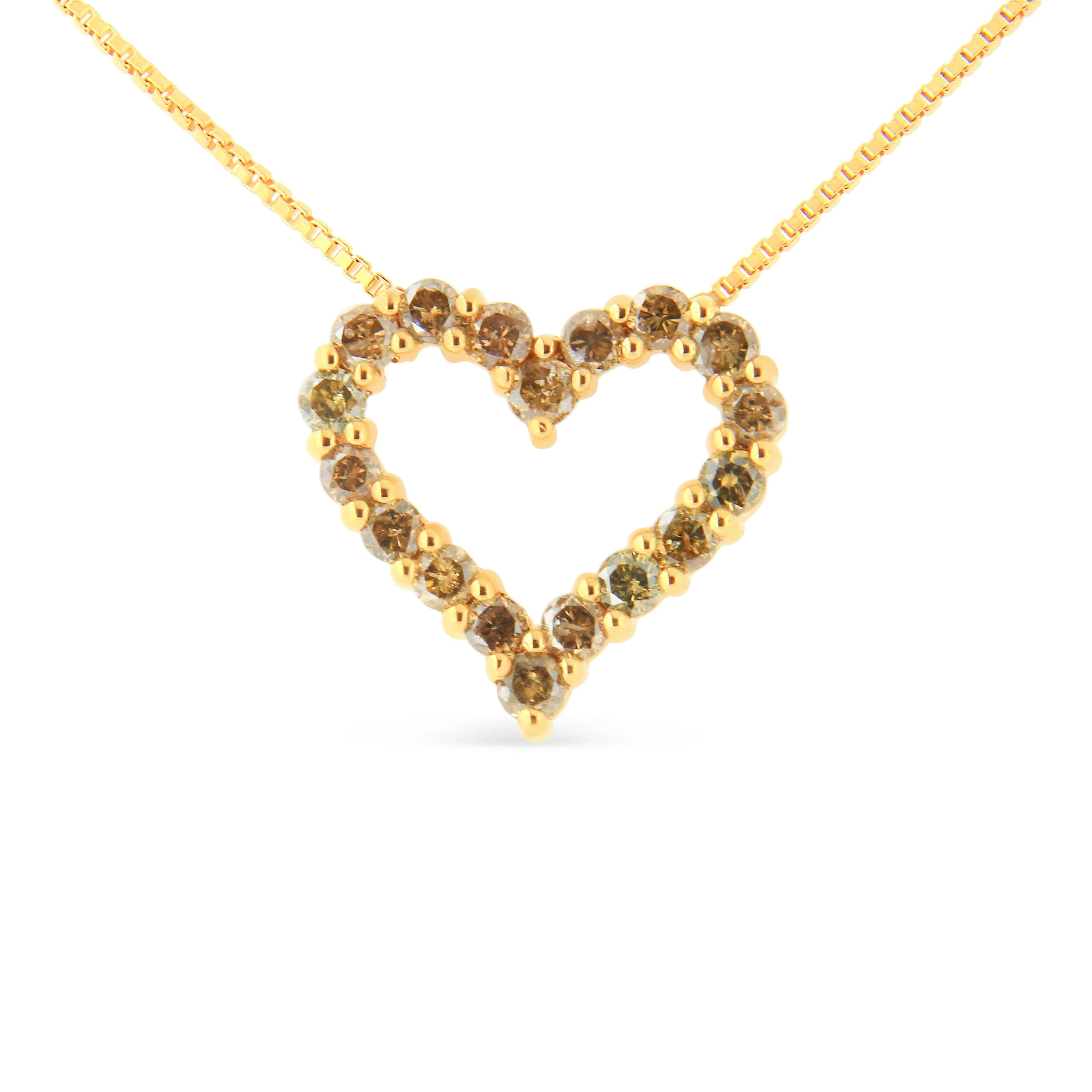 14K Yellow Gold Plated .925 Sterling Silver 1.0 Cttw Champagne Diamond Heart Pendant Necklace (K-L Color, I1-I2 Clarity) - 18"