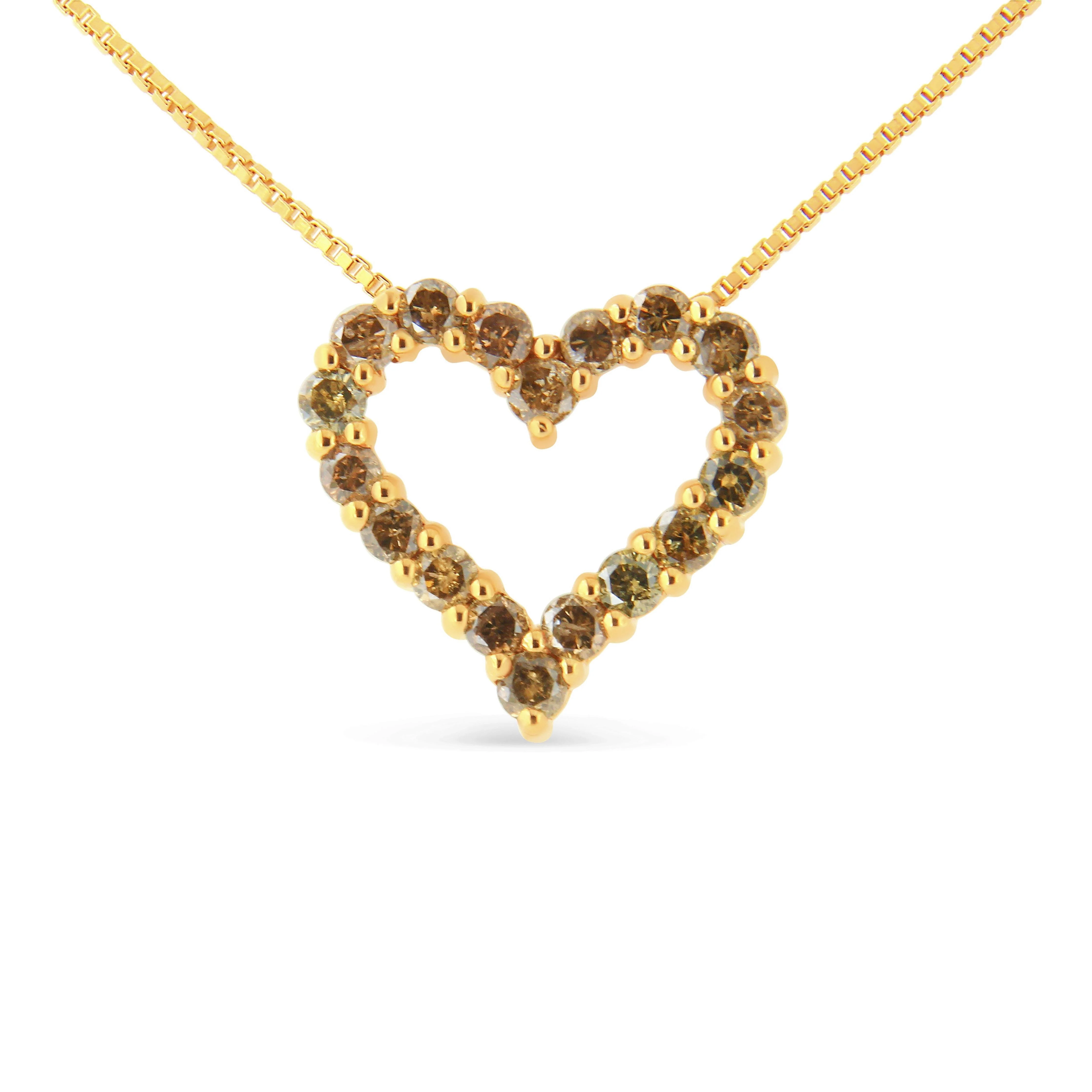 14K Yellow Gold Plated .925 Sterling Silver 1.0 Cttw Champagne Diamond Heart Pendant Necklace (K-L Color, I1-I2 Clarity) - 18" - Image 7