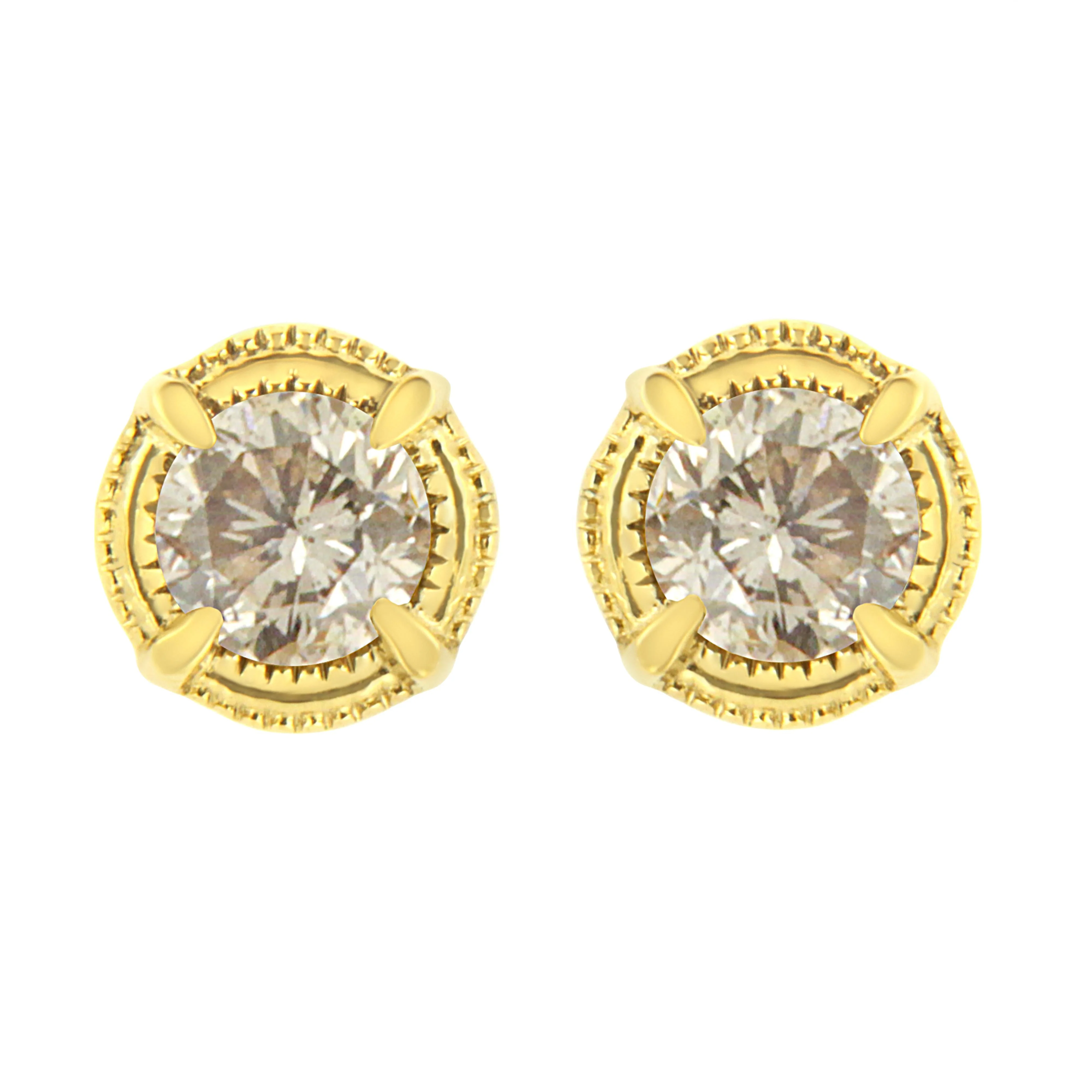 14K Yellow Gold Plated .925 Sterling Silver 1.0 Cttw Round Brilliant Cut Diamond Solitaire Milgrain Stud Earrings (K-L Color, I2-I3 Clarity) - Image 11