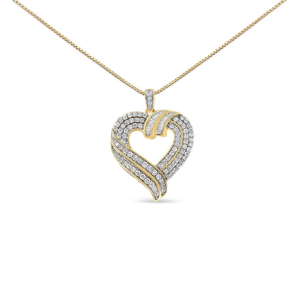 14K Yellow Gold Plated .925 Sterling Silver 1.00 Cttw Baguette Diamond Composite Open Heart 18" Inch Pendant Necklace (I-J Color, I1-I2 Clarity) - Image 2