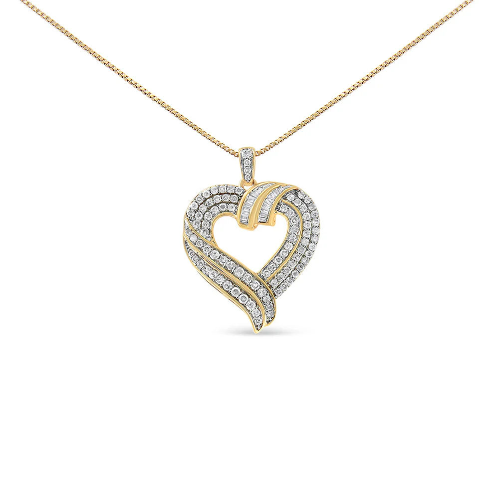 14K Yellow Gold Plated .925 Sterling Silver 1.00 Cttw Baguette Diamond Composite Open Heart 18" Inch Pendant Necklace (I-J Color, I1-I2 Clarity) - Image 5