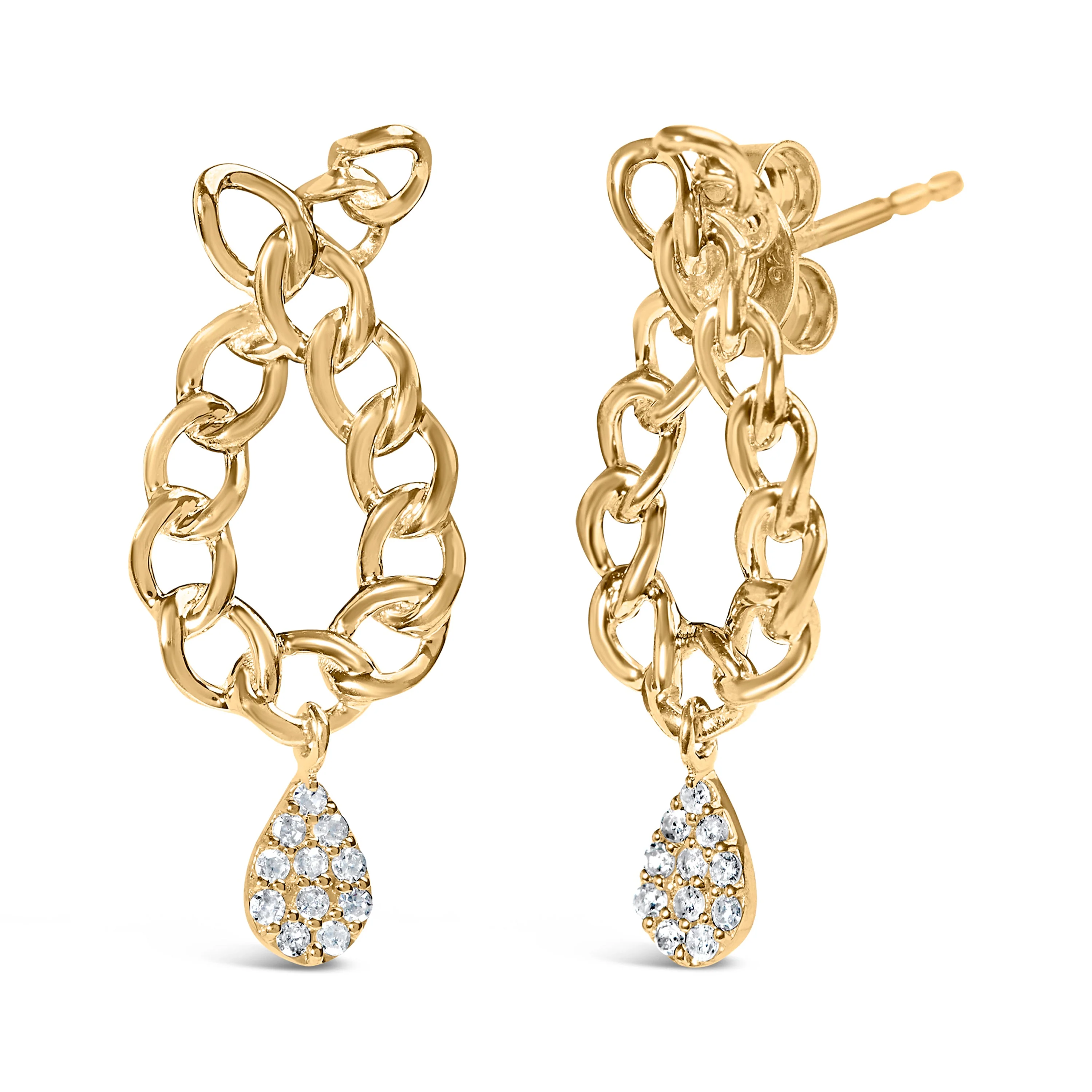 14K Yellow Gold Plated .925 Sterling Silver 1/10 Cttw Diamond Chain Link Teardrop Dangle Earrings (H-I Color, I1-I2 Clarity) - Image 5