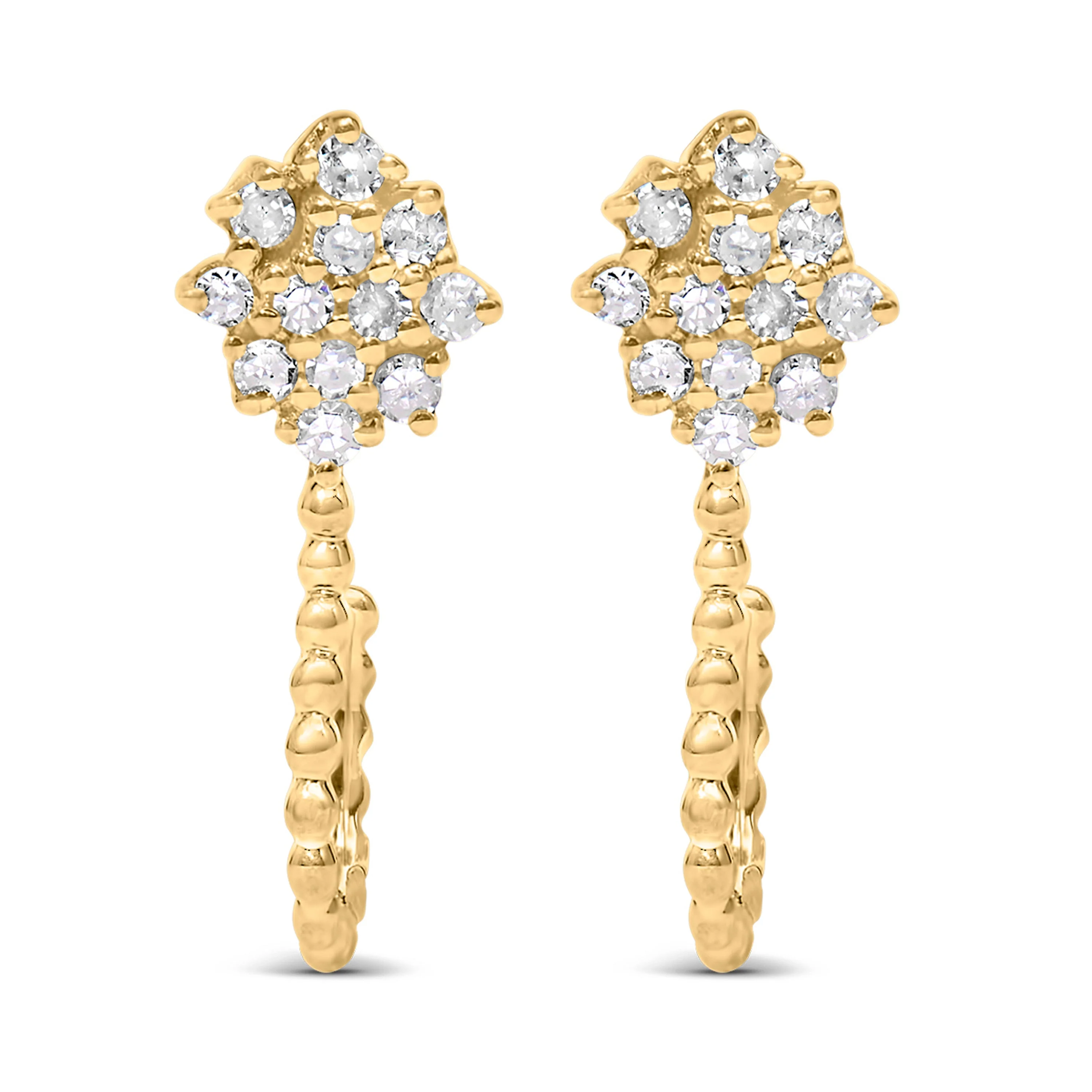 14K Yellow Gold Plated .925 Sterling Silver 1/10 Cttw Diamond Floral Cluster and Beaded Hoop Stud Earrings (H-I Color, I1-I2 Clarity) - Image 2