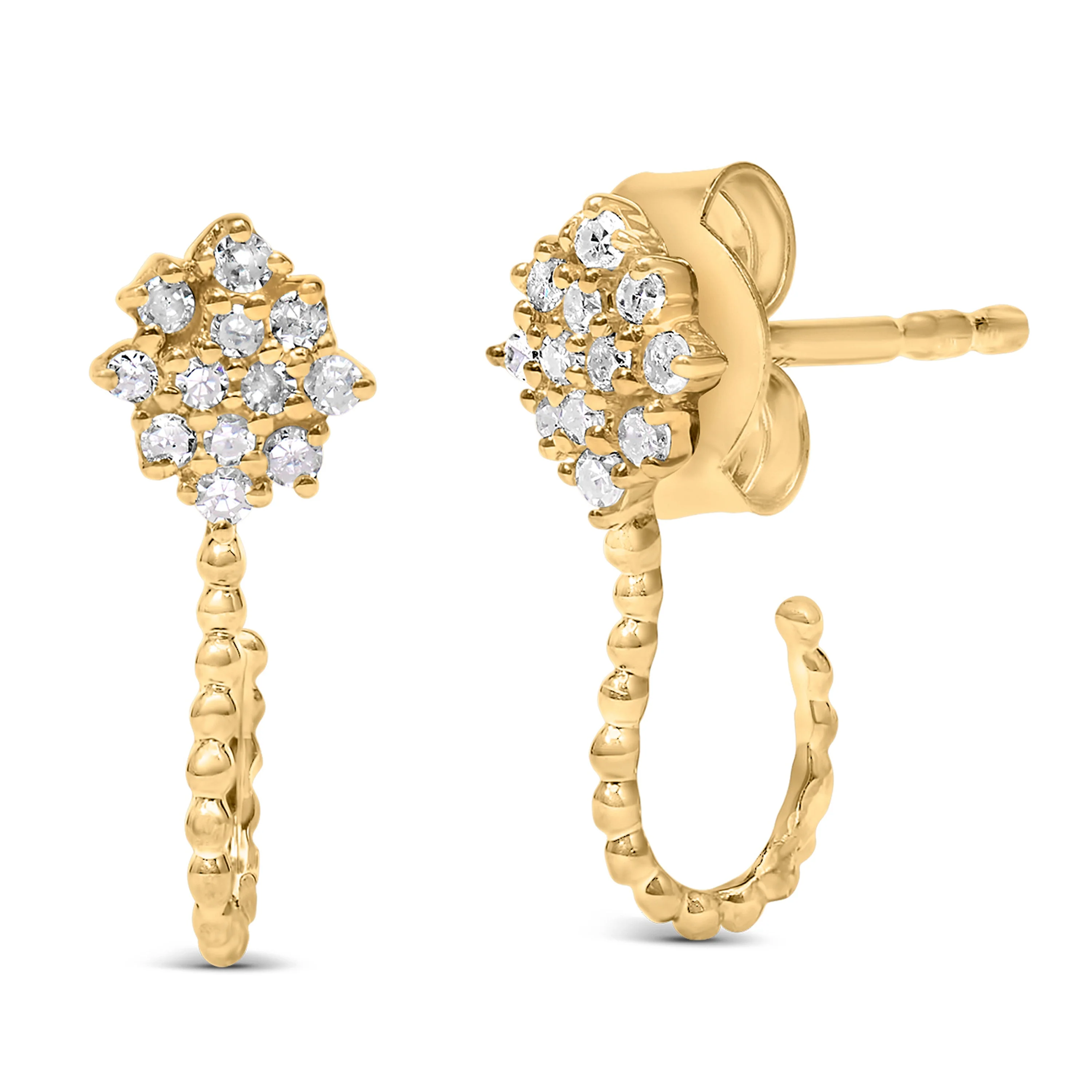 14K Yellow Gold Plated .925 Sterling Silver 1/10 Cttw Diamond Floral Cluster and Beaded Hoop Stud Earrings (H-I Color, I1-I2 Clarity) - Image 4