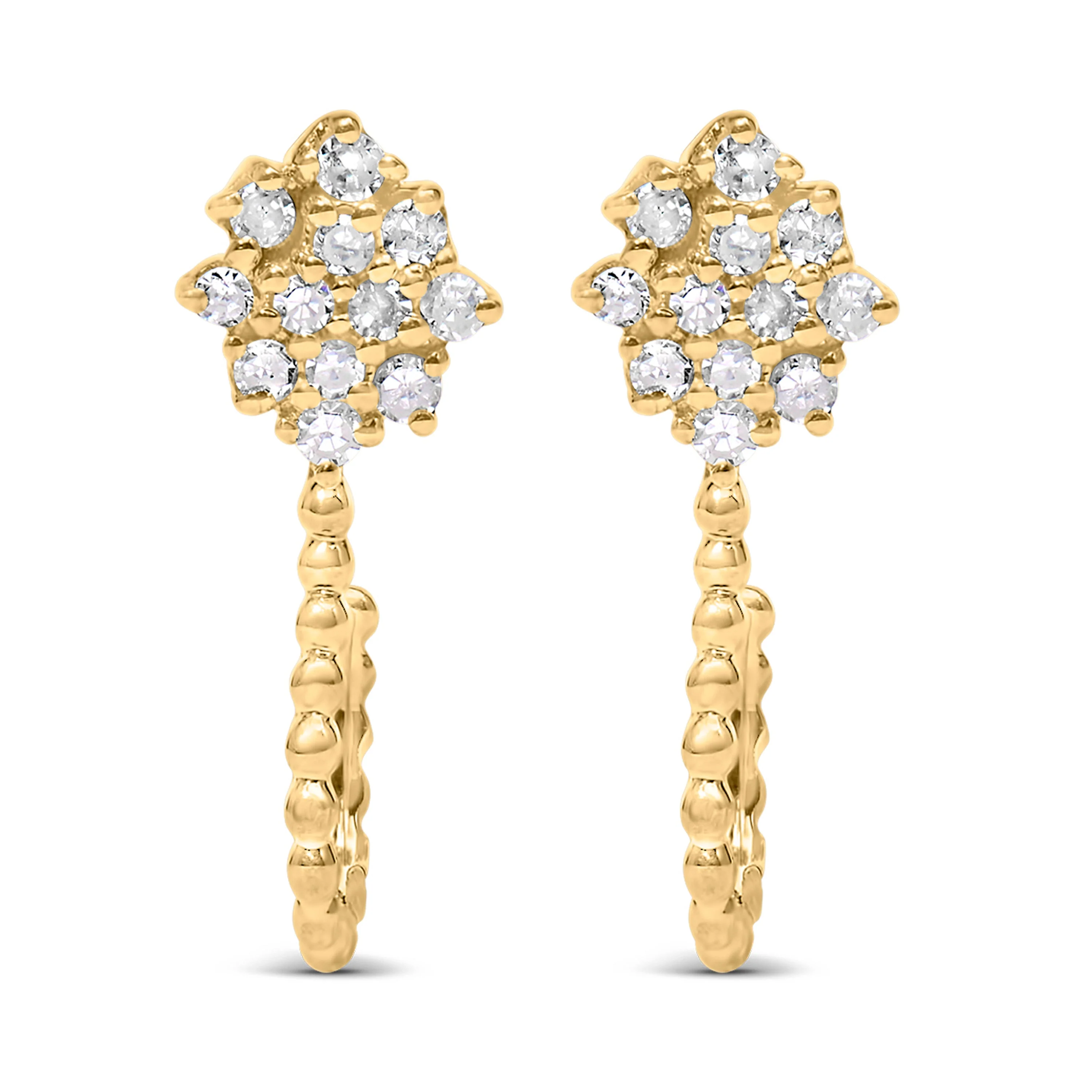 14K Yellow Gold Plated .925 Sterling Silver 1/10 Cttw Diamond Floral Cluster and Beaded Hoop Stud Earrings (H-I Color, I1-I2 Clarity) - Image 5