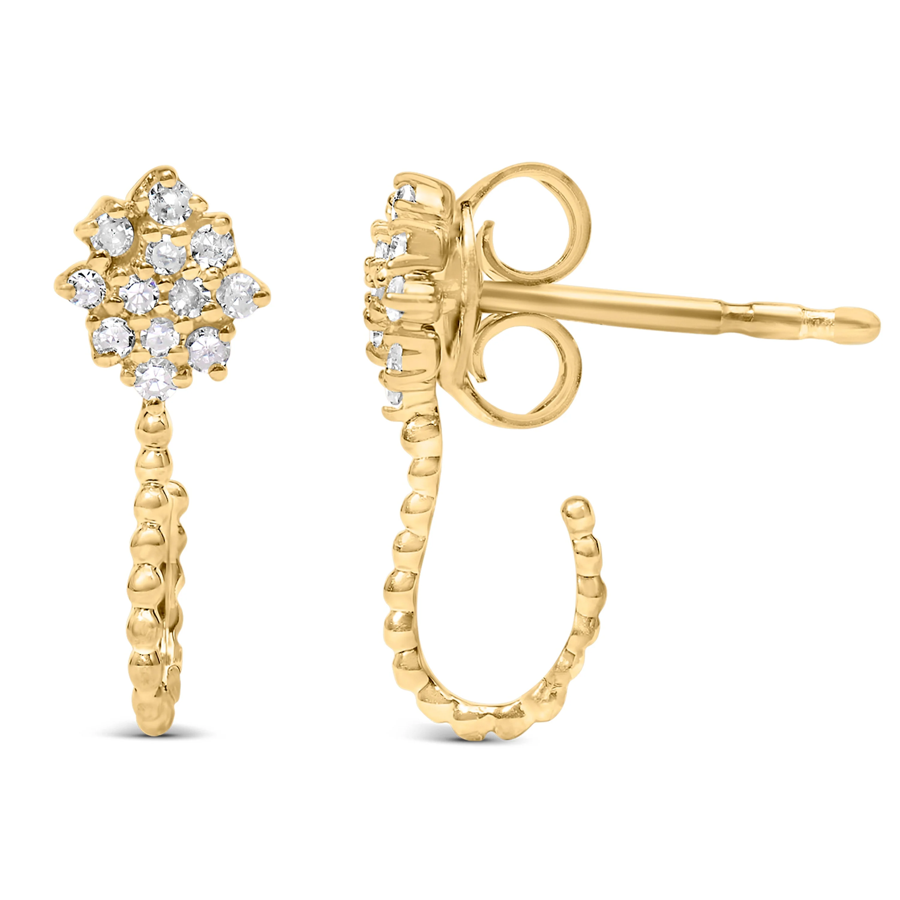 14K Yellow Gold Plated .925 Sterling Silver 1/10 Cttw Diamond Floral Cluster and Beaded Hoop Stud Earrings (H-I Color, I1-I2 Clarity) - Image 6