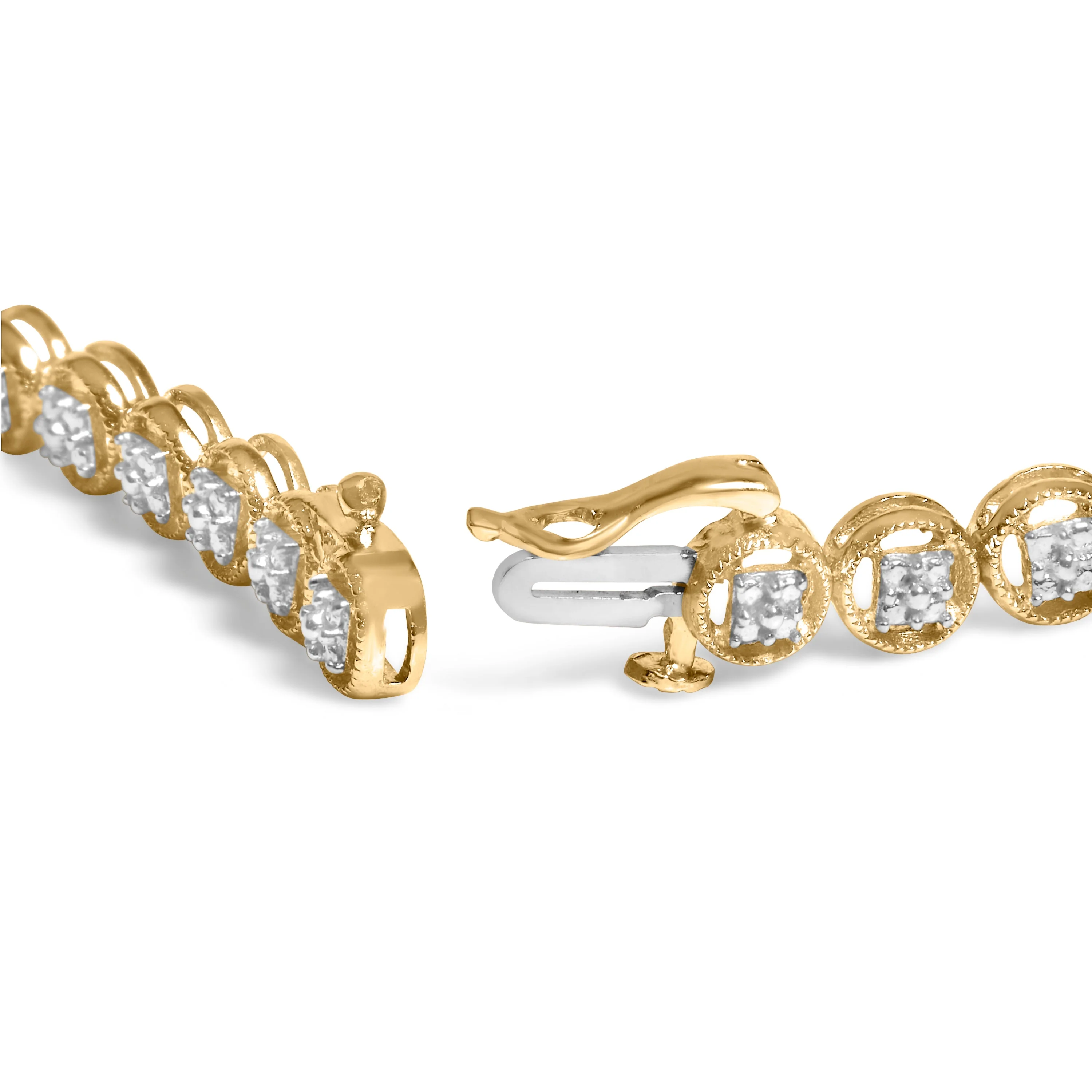 14K Yellow Gold Plated .925 Sterling Silver 1/10 Cttw Diamond Open Circle Beaded Wheel Link Tennis Bracelet (I-J Color, I3 Clarity) - 7.25" - Image 2