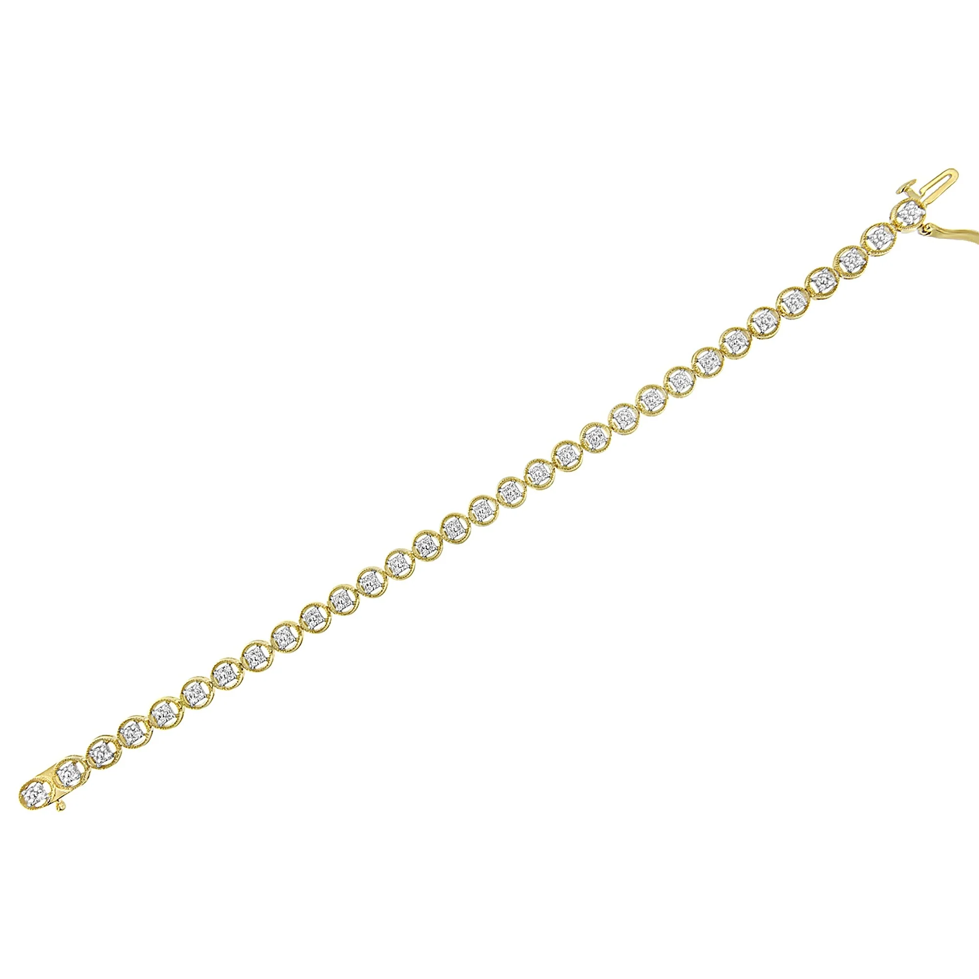 14K Yellow Gold Plated .925 Sterling Silver 1/10 Cttw Diamond Open Circle Beaded Wheel Link Tennis Bracelet (I-J Color, I3 Clarity) - 7.25" - Image 4