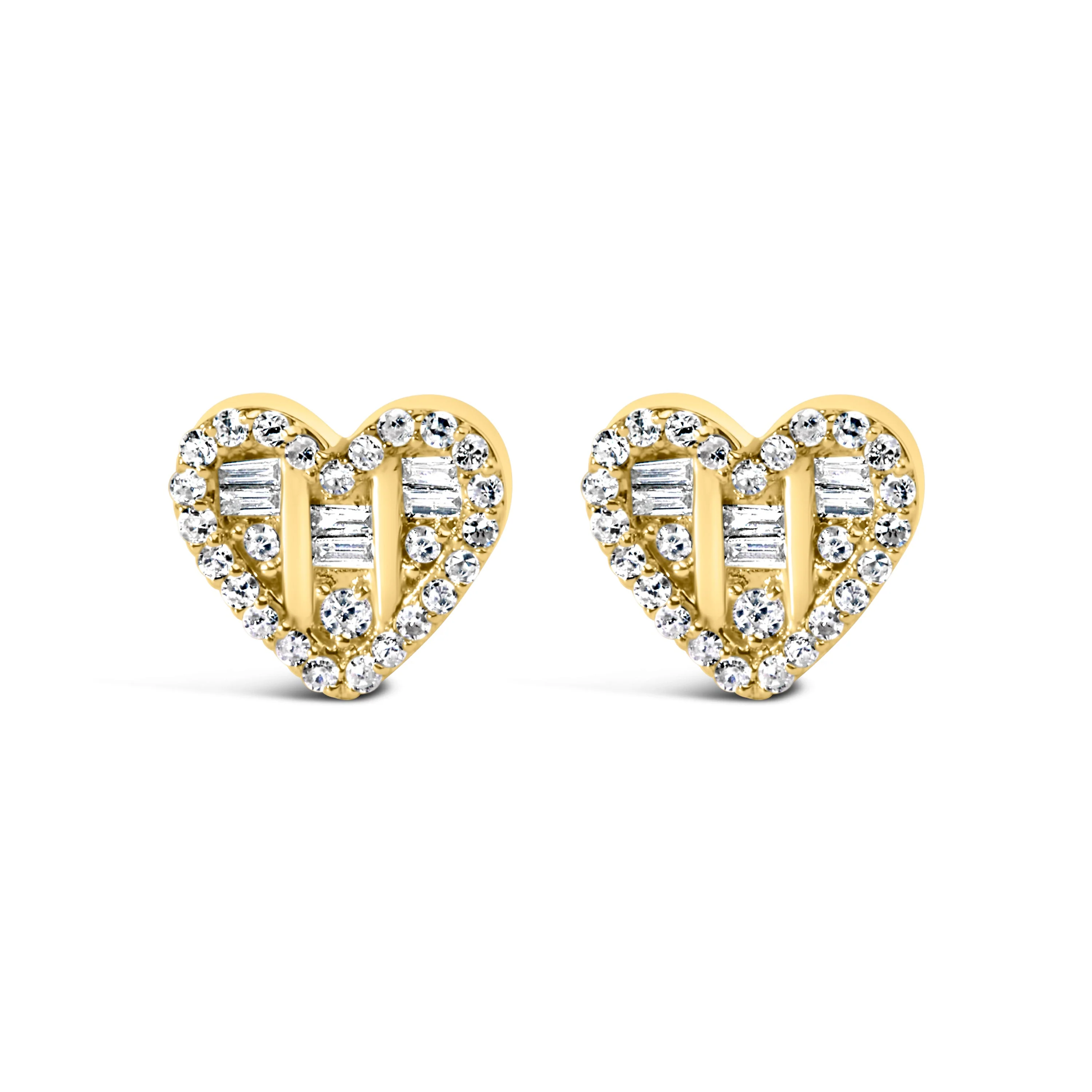 14K Yellow Gold Plated .925 Sterling Silver 1/2 Cttw Round and Baguette Diamond Composite Heart Shaped Stud Earring (I-J Color, SI2-I1 Clarity) - Image 2
