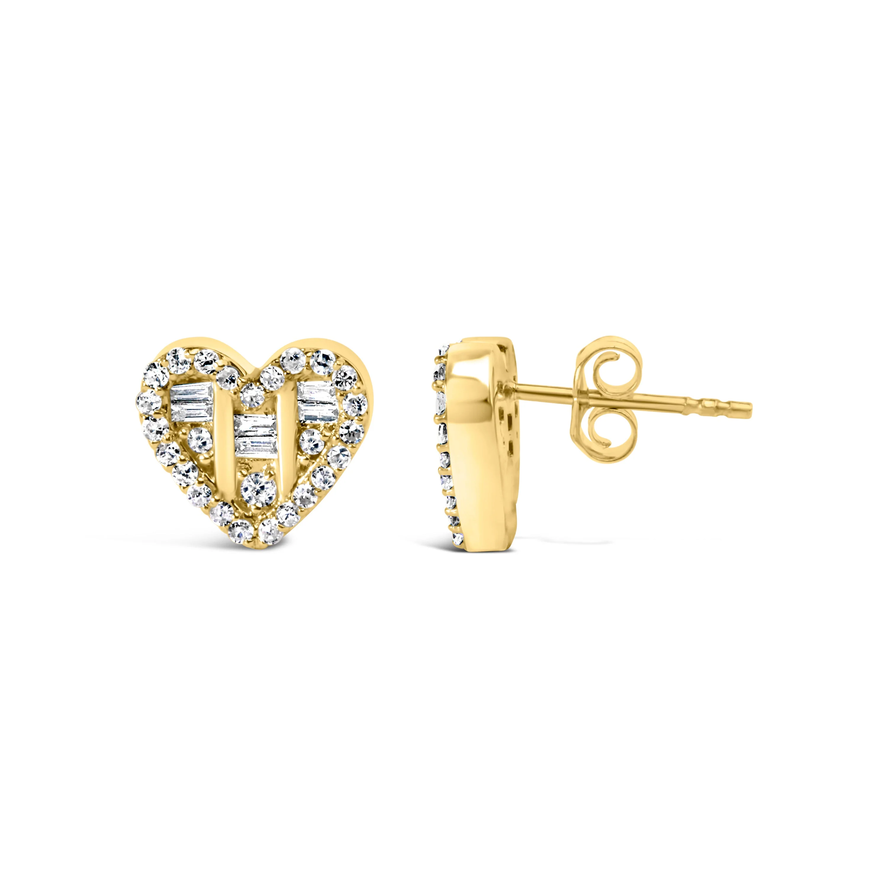 14K Yellow Gold Plated .925 Sterling Silver 1/2 Cttw Round and Baguette Diamond Composite Heart Shaped Stud Earring (I-J Color, SI2-I1 Clarity) - Image 4