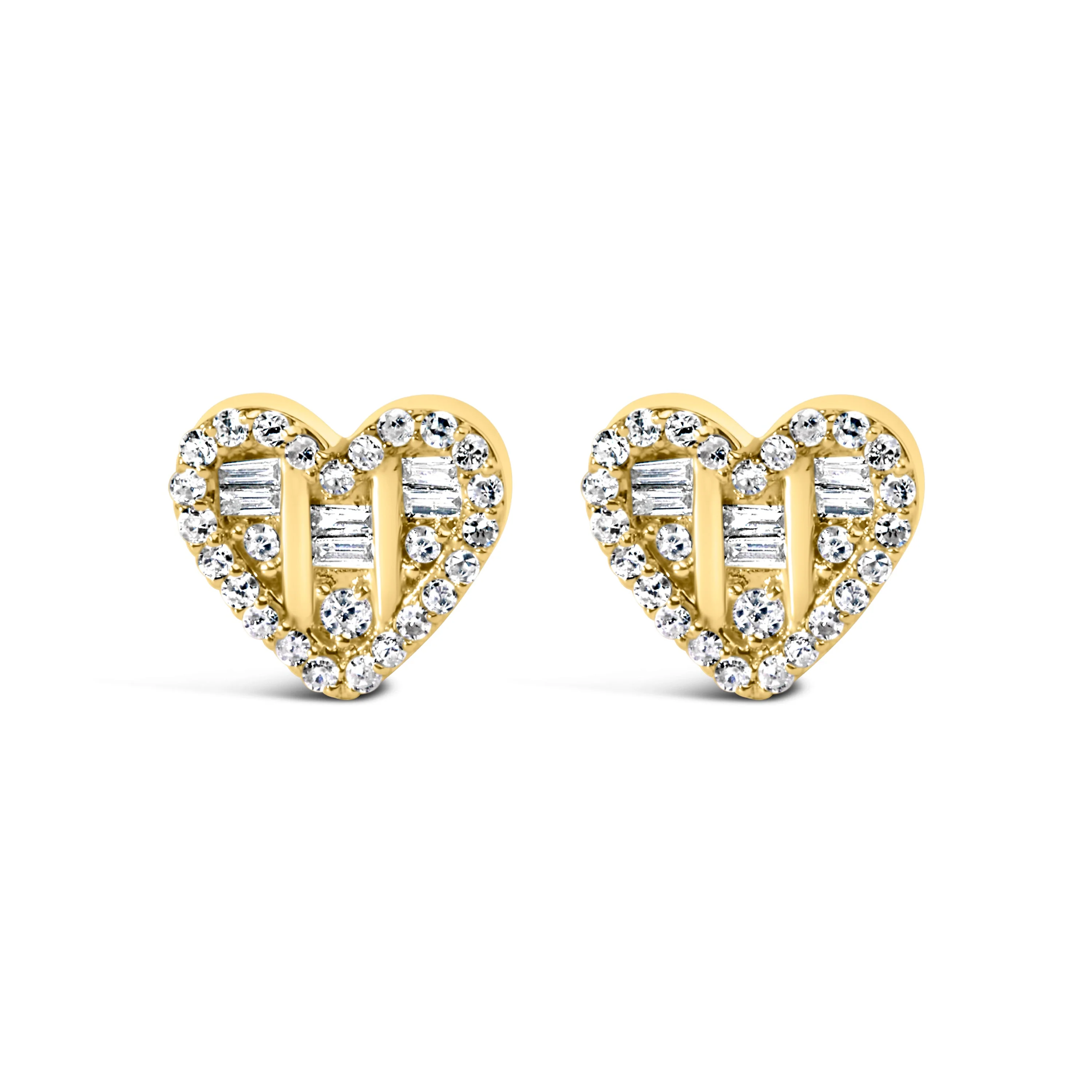 14K Yellow Gold Plated .925 Sterling Silver 1/2 Cttw Round and Baguette Diamond Composite Heart Shaped Stud Earring (I-J Color, SI2-I1 Clarity) - Image 5