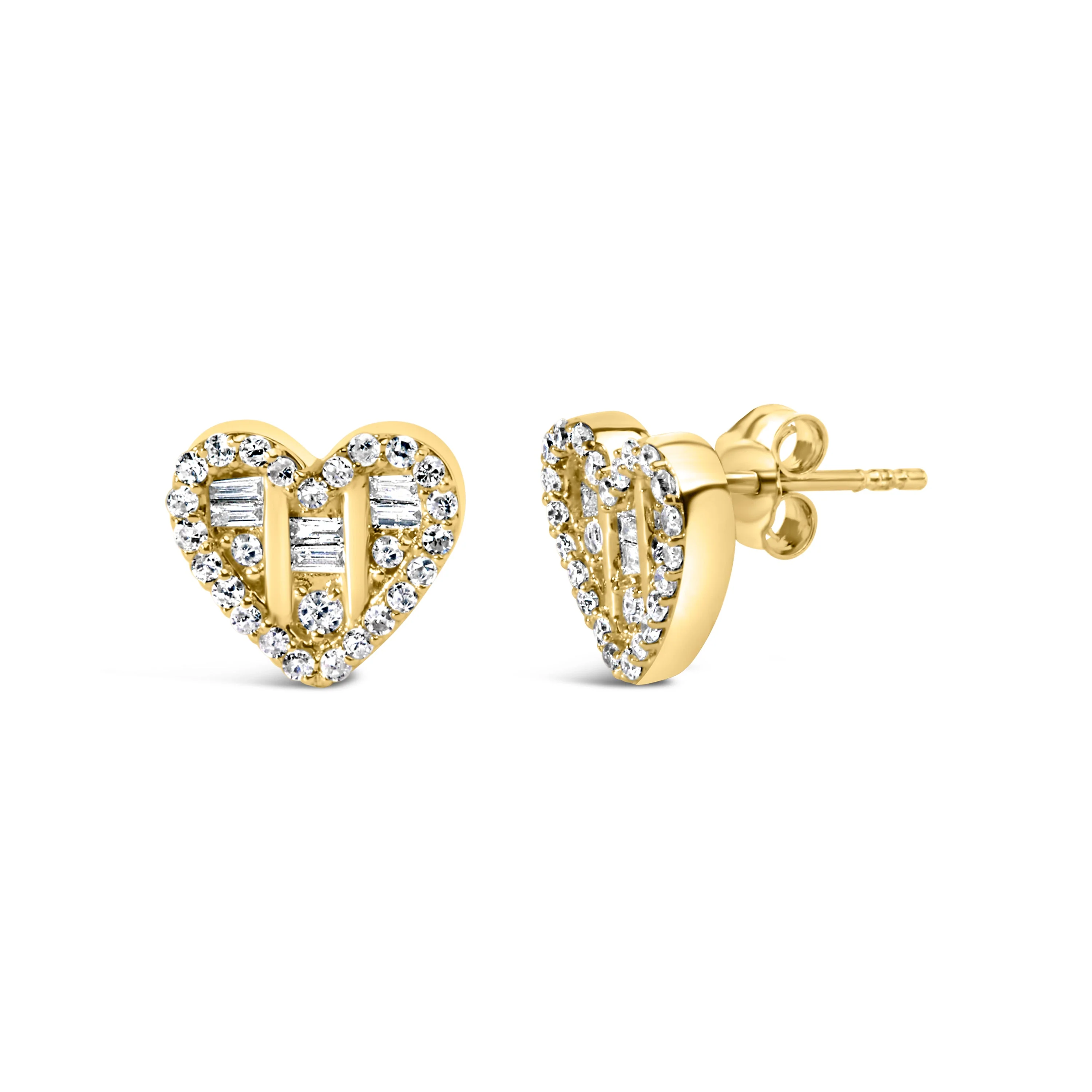 14K Yellow Gold Plated .925 Sterling Silver 1/2 Cttw Round and Baguette Diamond Composite Heart Shaped Stud Earring (I-J Color, SI2-I1 Clarity) - Image 6