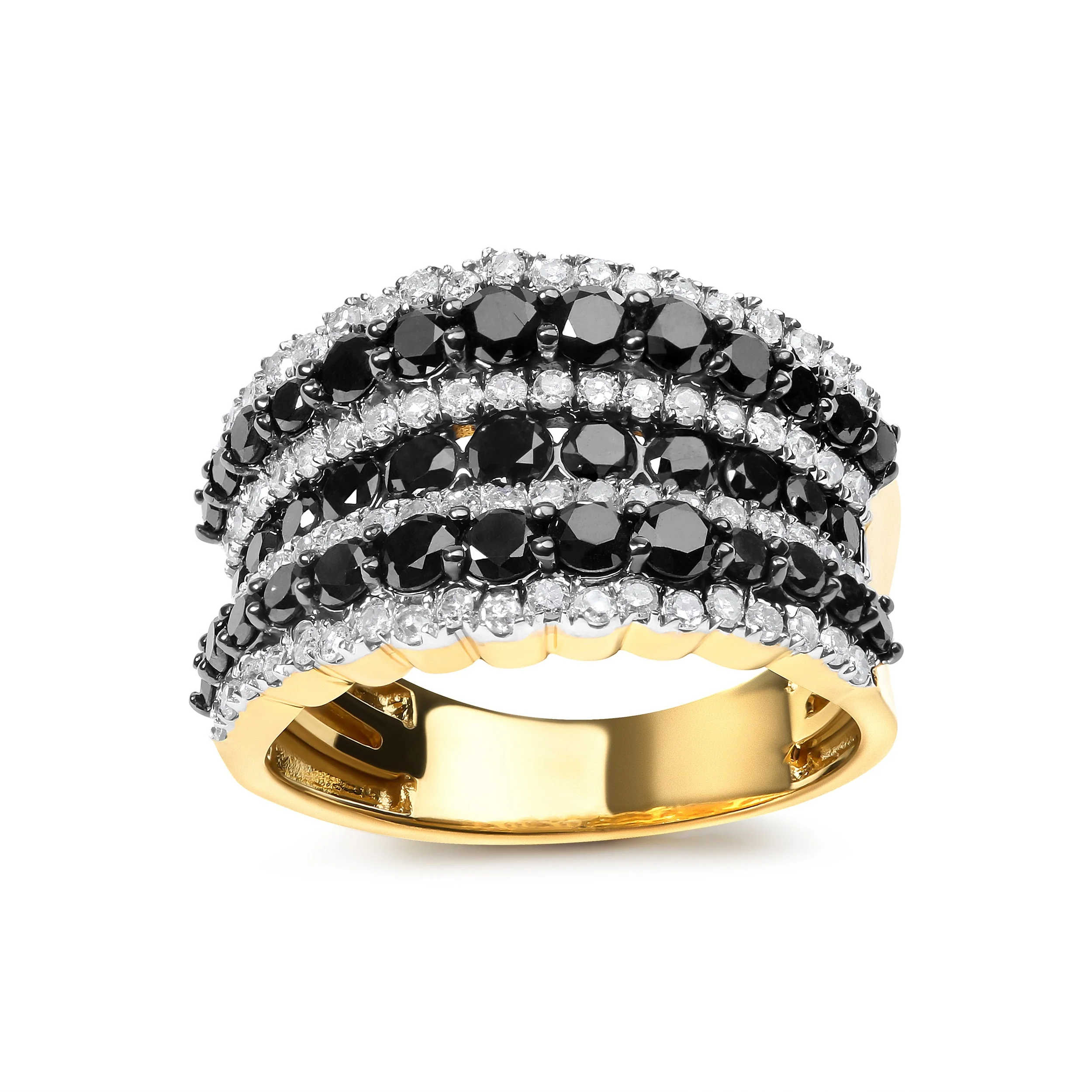 14K Yellow Gold Plated .925 Sterling Silver 1 3/4 Cttw Treated Black and White Alternating Diamond Multi Row Band Ring (Black / I-J Color, I2-I3 Clarity) - Size 7 - Image 2