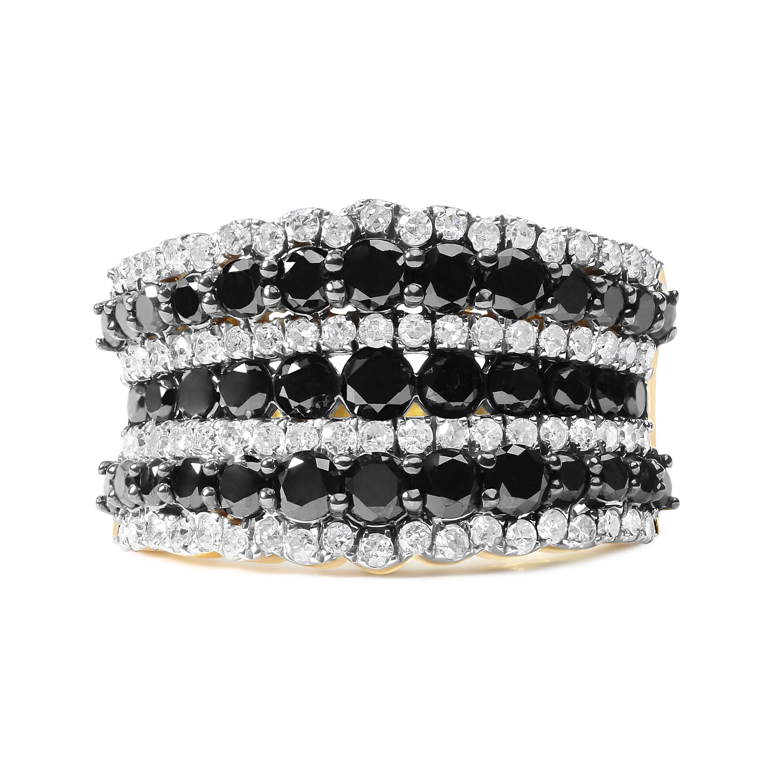 14K Yellow Gold Plated .925 Sterling Silver 1 3/4 Cttw Treated Black and White Alternating Diamond Multi Row Band Ring (Black / I-J Color, I2-I3 Clarity) - Size 7 - Image 5