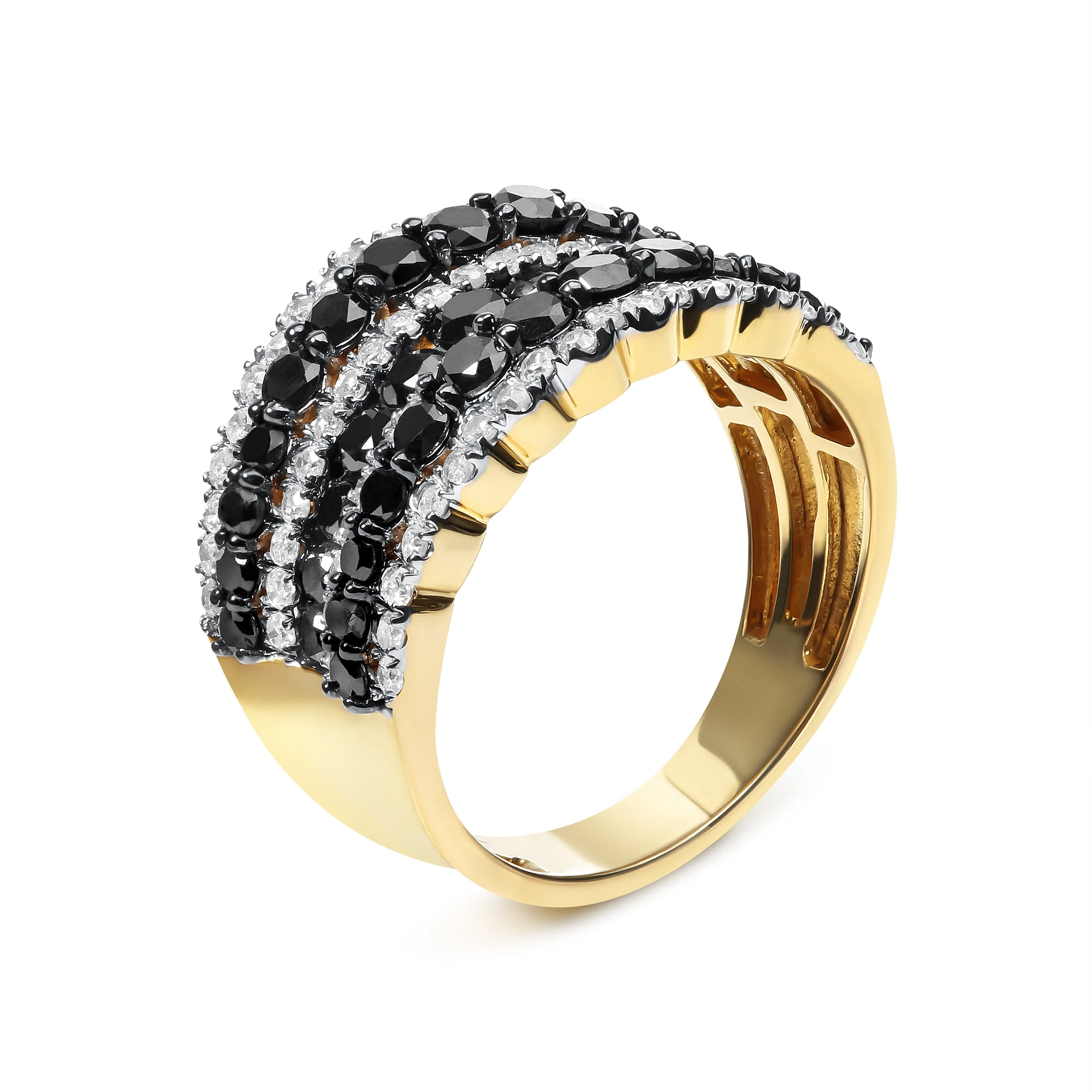 14K Yellow Gold Plated .925 Sterling Silver 1 3/4 Cttw Treated Black and White Alternating Diamond Multi Row Band Ring (Black / I-J Color, I2-I3 Clarity) - Size 7 - Image 7
