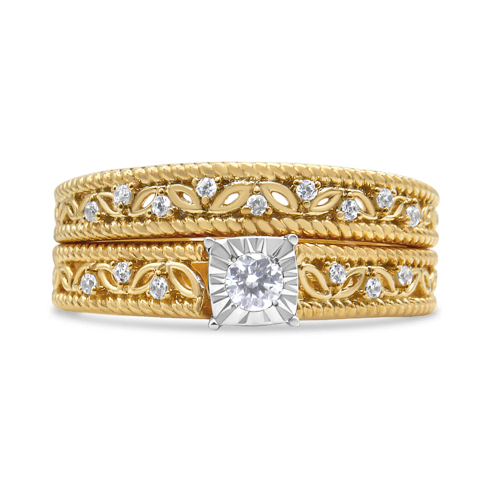 14K Yellow Gold Plated .925 Sterling Silver 1/5 Cttw Diamond Art Deco Style Engagement Ring Bridal Set (I-J Color, I3 Clarity) - Ring Size 7 - Image 10