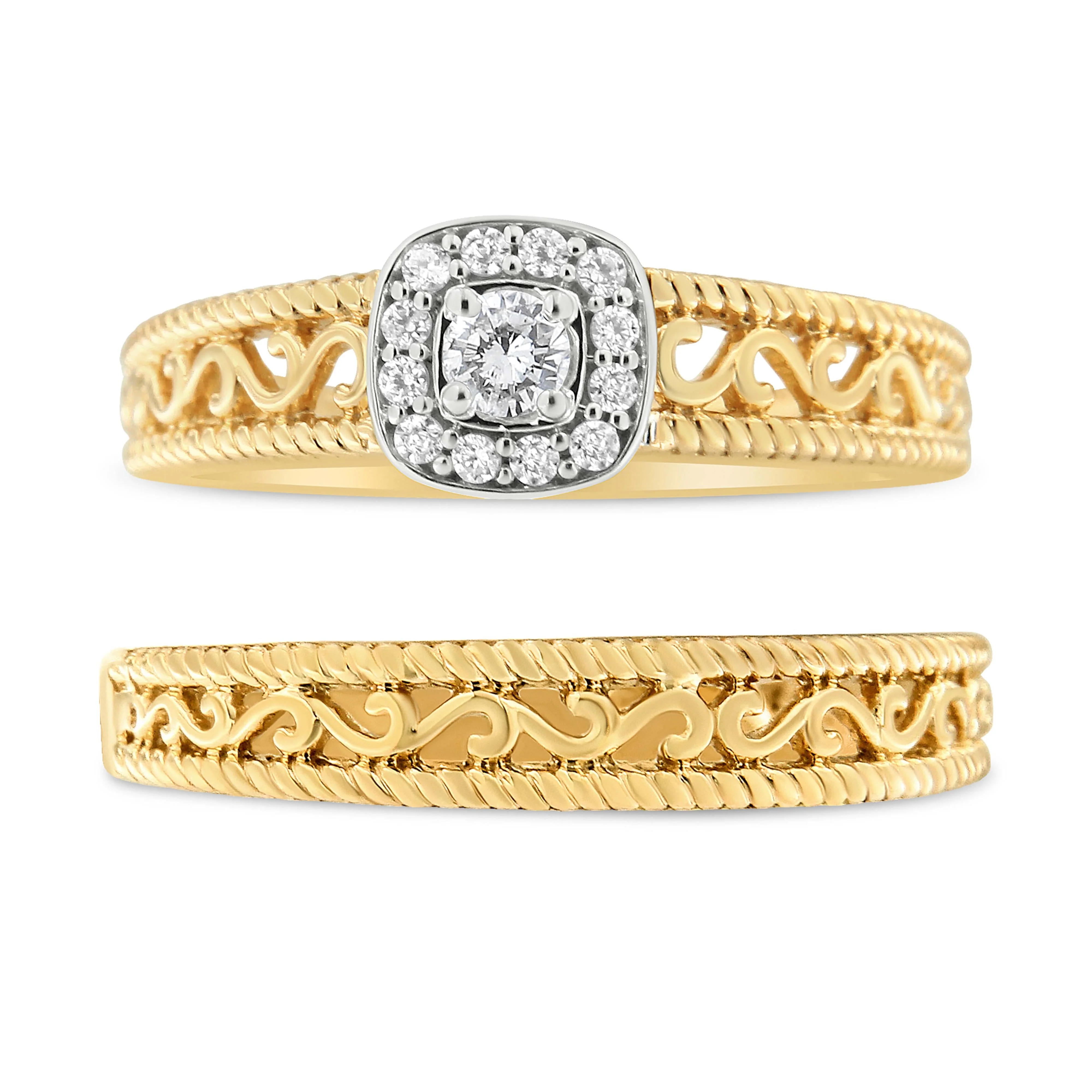 14K Yellow Gold Plated .925 Sterling Silver 1/5 Cttw Diamond Halo and Milgrain Finish Engagement Ring Bridal Set (I-J Color I3 Clarity) - Size 7 - Image 2