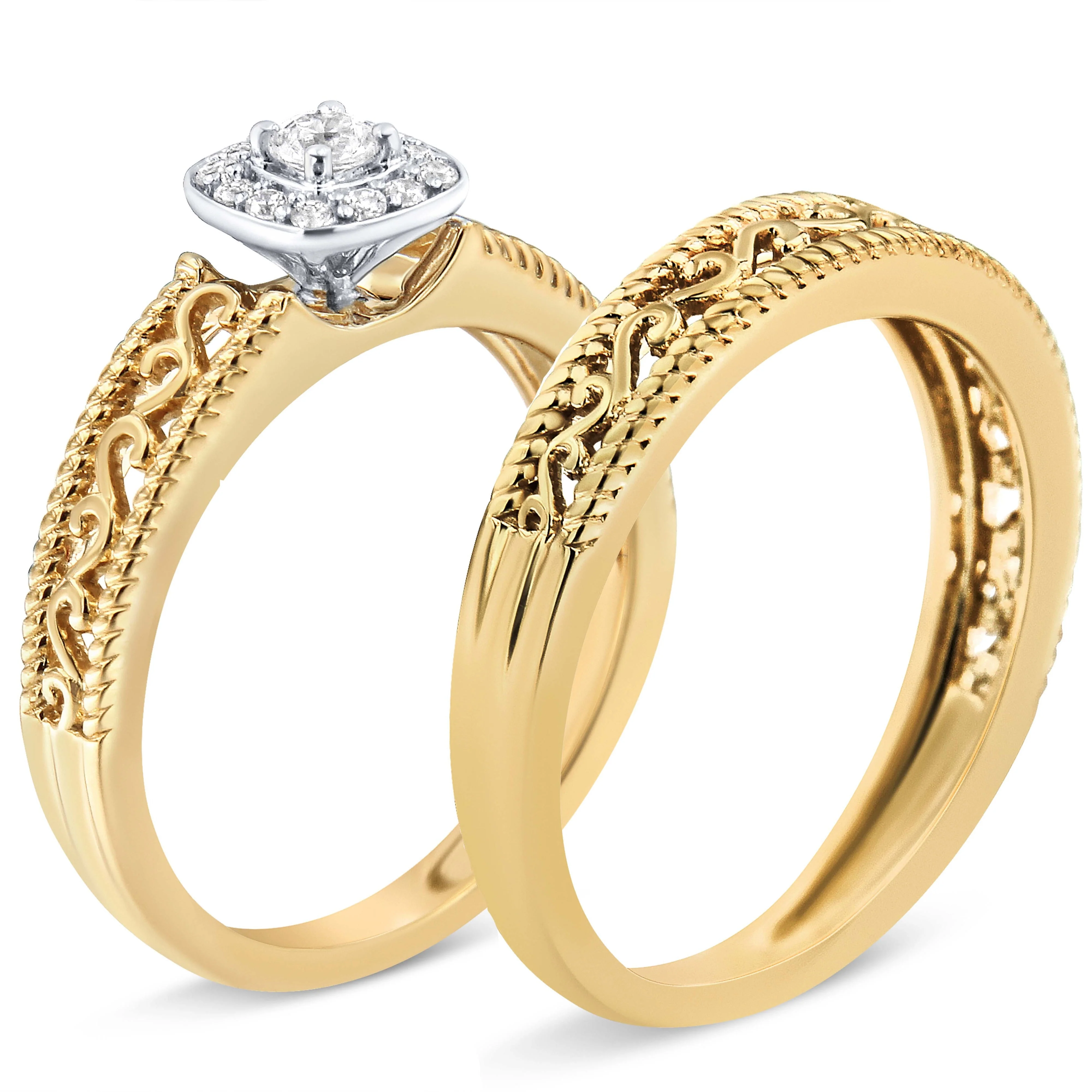 14K Yellow Gold Plated .925 Sterling Silver 1/5 Cttw Diamond Halo and Milgrain Finish Engagement Ring Bridal Set (I-J Color I3 Clarity) - Size 7 - Image 3