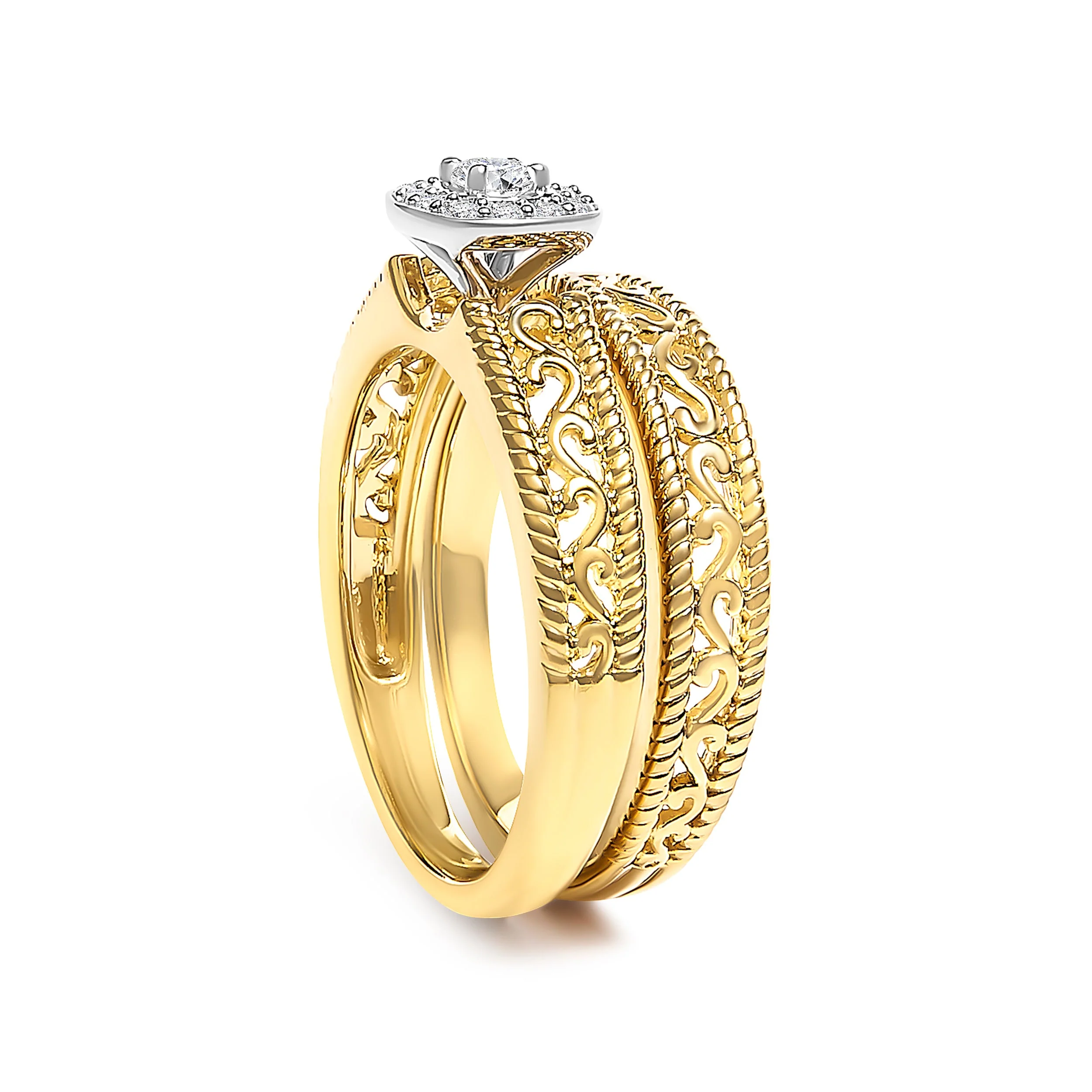 14K Yellow Gold Plated .925 Sterling Silver 1/5 Cttw Diamond Halo and Milgrain Finish Engagement Ring Bridal Set (I-J Color I3 Clarity) - Size 7 - Image 4