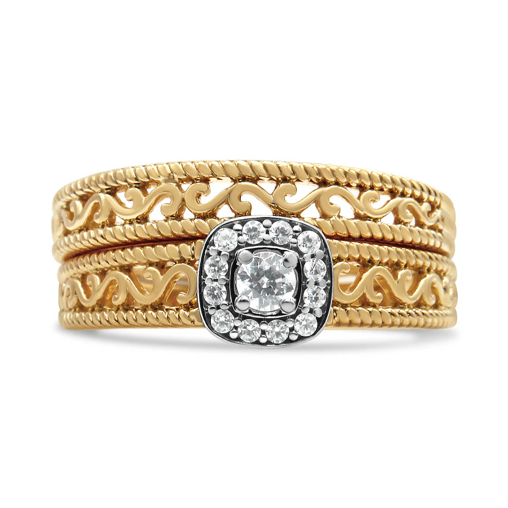 14K Yellow Gold Plated .925 Sterling Silver 1/5 Cttw Diamond Halo and Milgrain Finish Engagement Ring Bridal Set (I-J Color I3 Clarity) - Size 7 - Image 5