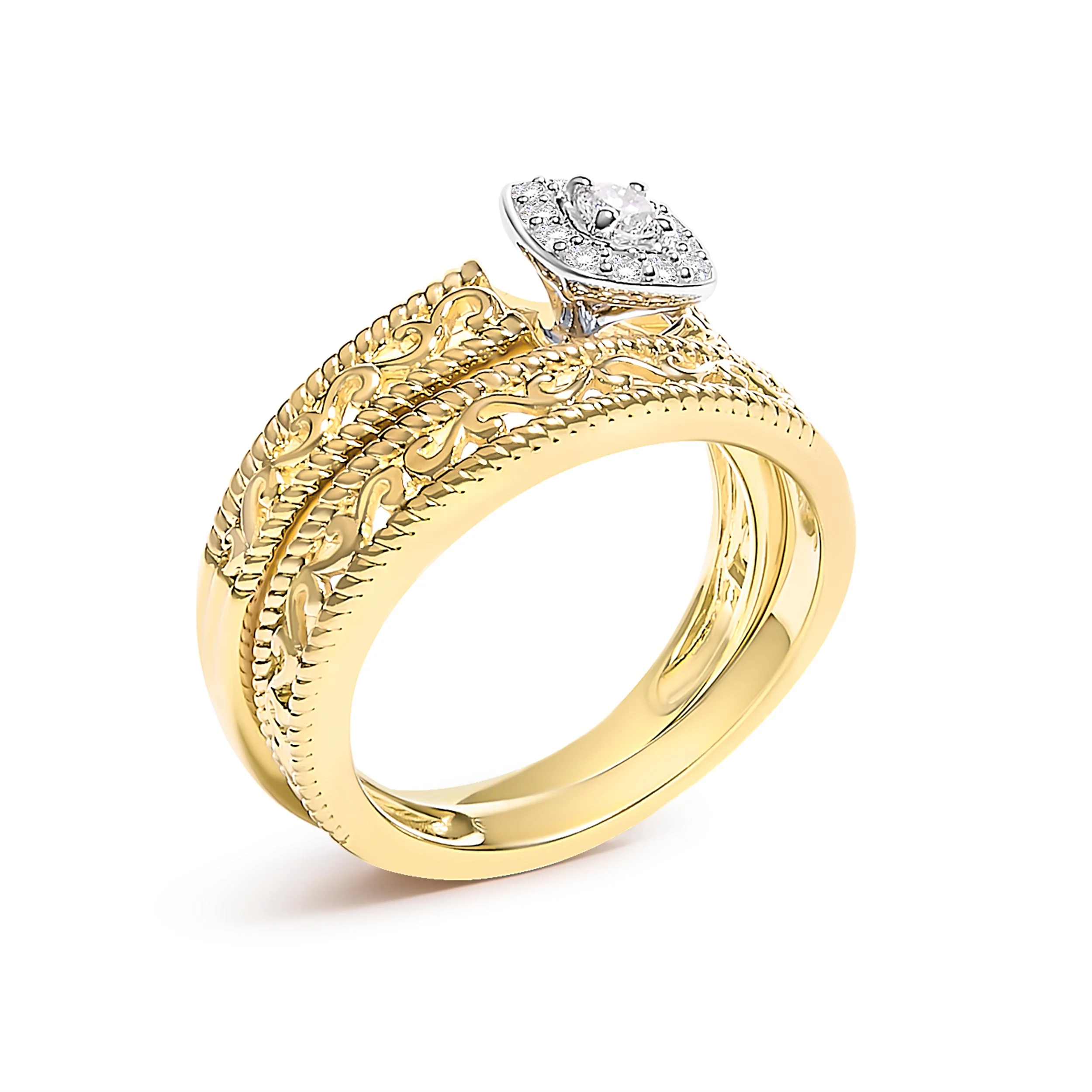 14K Yellow Gold Plated .925 Sterling Silver 1/5 Cttw Diamond Halo and Milgrain Finish Engagement Ring Bridal Set (I-J Color I3 Clarity) - Size 7 - Image 8