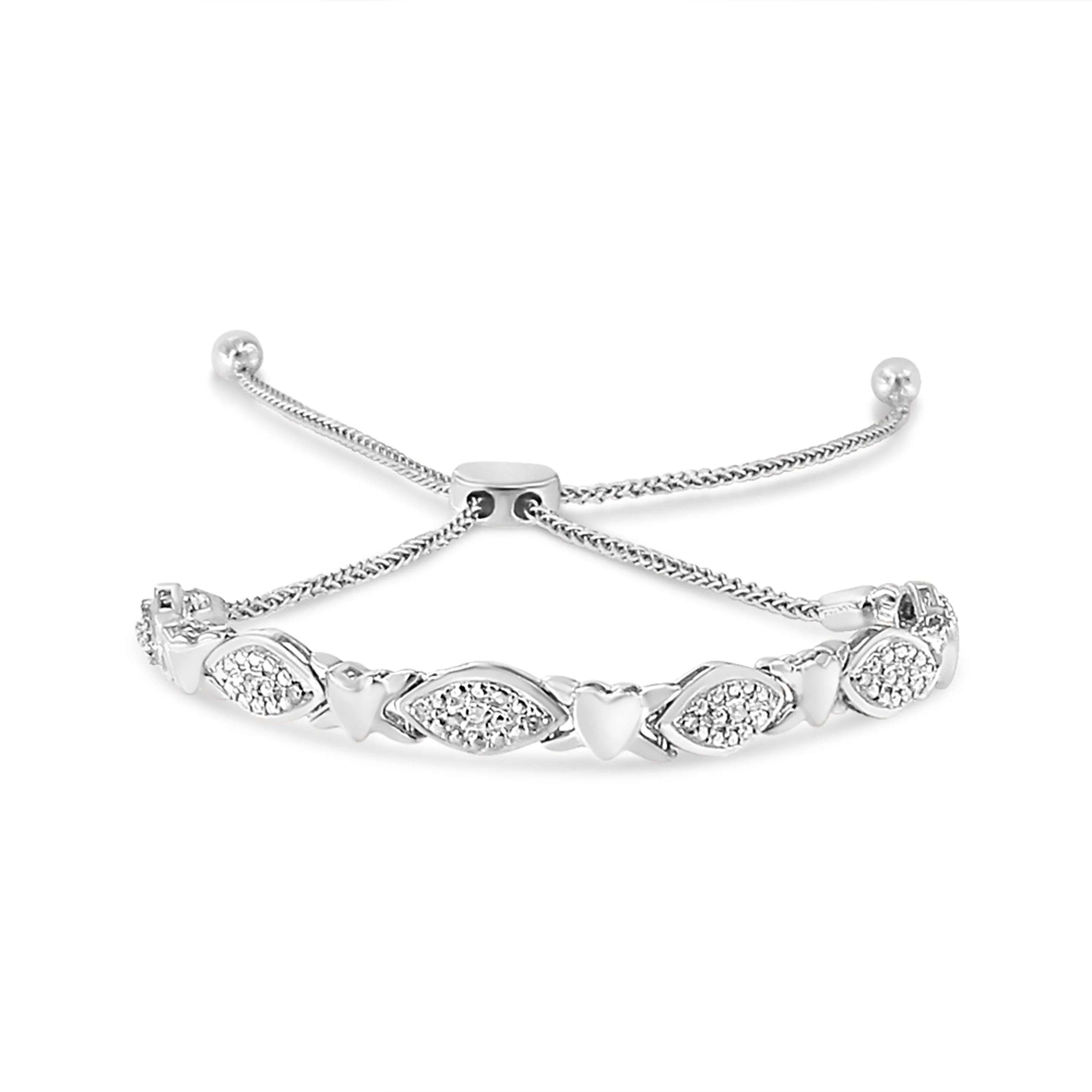 14K Yellow Gold Plated .925 Sterling Silver Diamond Accent Alternating Marquise Shape and Heart Links Bolo Bracelet (I-J Color, I3 Clarity) - Adjustable 6" to 9" - Image 10