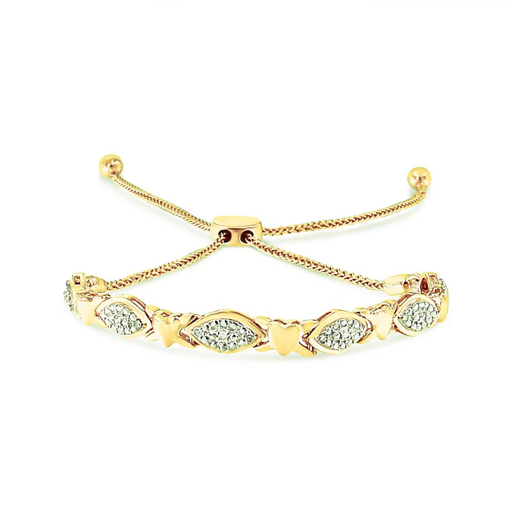 14K Yellow Gold Plated .925 Sterling Silver Diamond Accent Alternating Marquise Shape and Heart Links Bolo Bracelet (I-J Color, I3 Clarity) - Adjustable 6" to 9" - Image 2