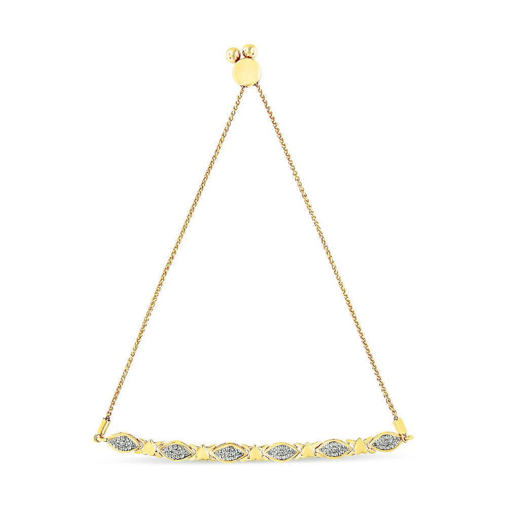 14K Yellow Gold Plated .925 Sterling Silver Diamond Accent Alternating Marquise Shape and Heart Links Bolo Bracelet (I-J Color, I3 Clarity) - Adjustable 6" to 9" - Image 3