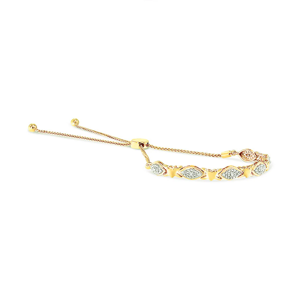 14K Yellow Gold Plated .925 Sterling Silver Diamond Accent Alternating Marquise Shape and Heart Links Bolo Bracelet (I-J Color, I3 Clarity) - Adjustable 6" to 9" - Image 4
