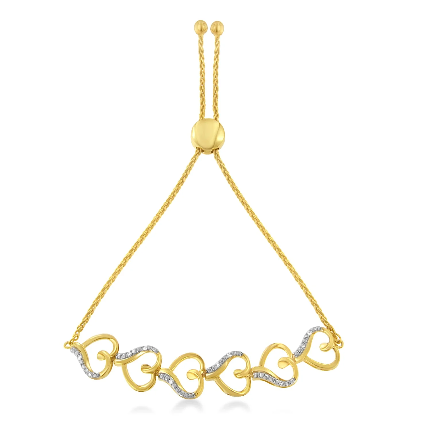 14K Yellow Gold Plated .925 Sterling Silver Diamond Accent Heart Link Bolo Bracelet (H-I Color, I2-I3 Clarity) - Image 2