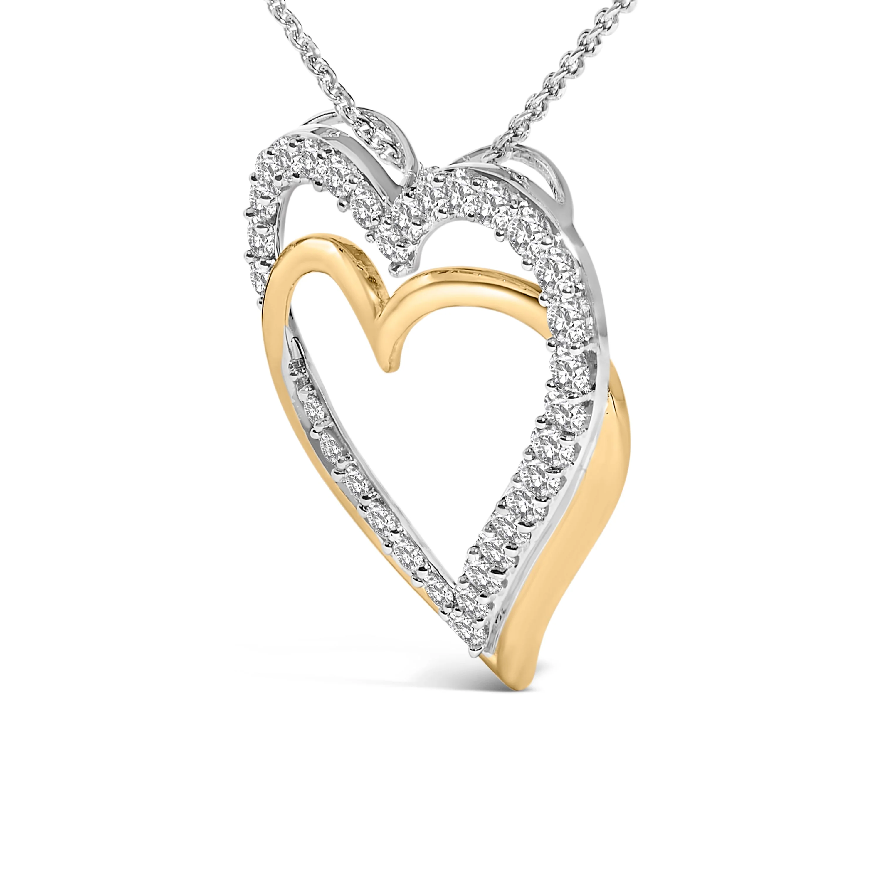 14K Yellow Gold Plated Sterling Silver 1.00 Cttw Diamond Double Heart Pendant Necklace - Image 3