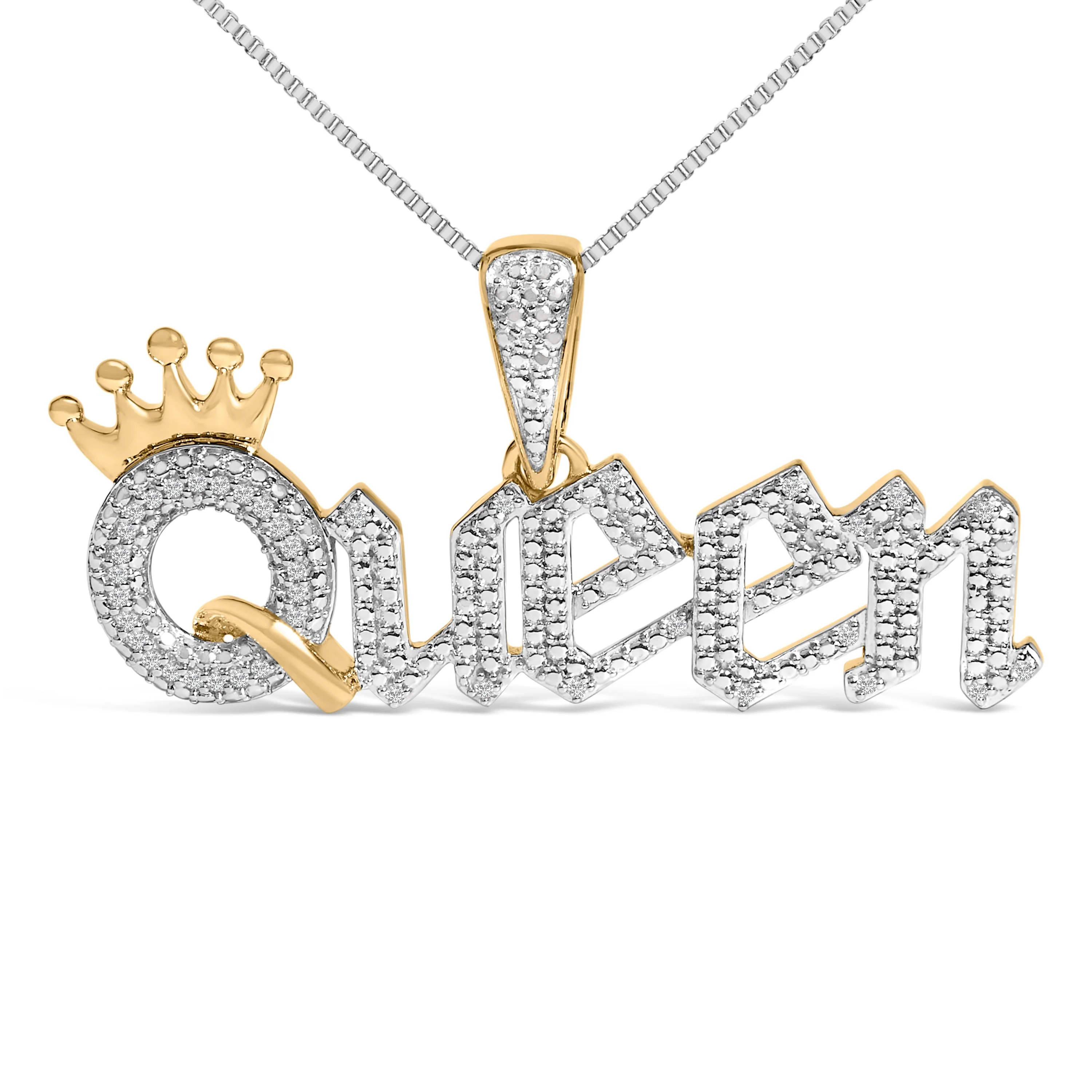 14K Yellow Gold Plated Sterling Silver 1/10 Cttw Diamond “Queen†Nameplate Pendant Necklace - Image 2