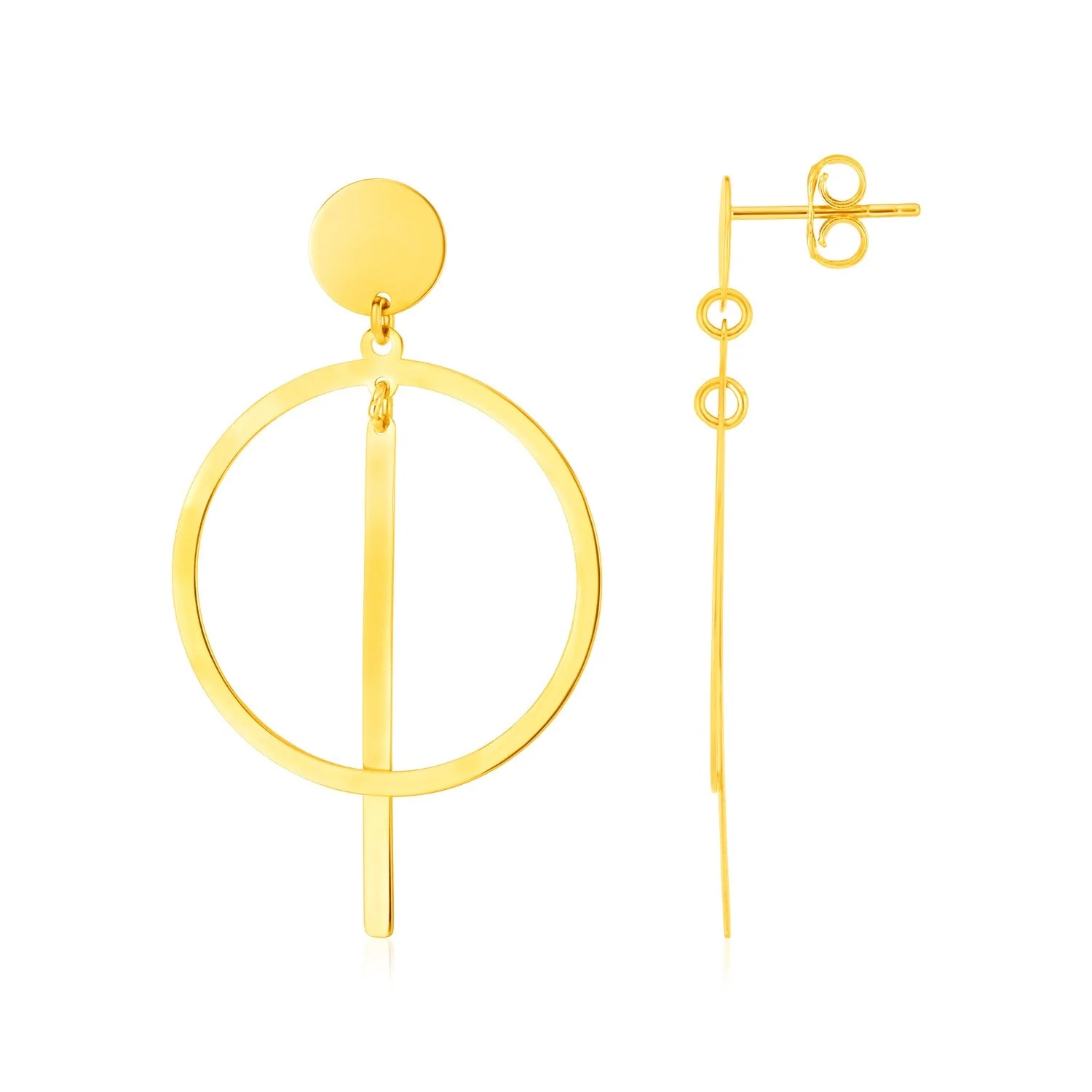 14K Yellow Gold Polished Circle and Bar Earrings - Image 2