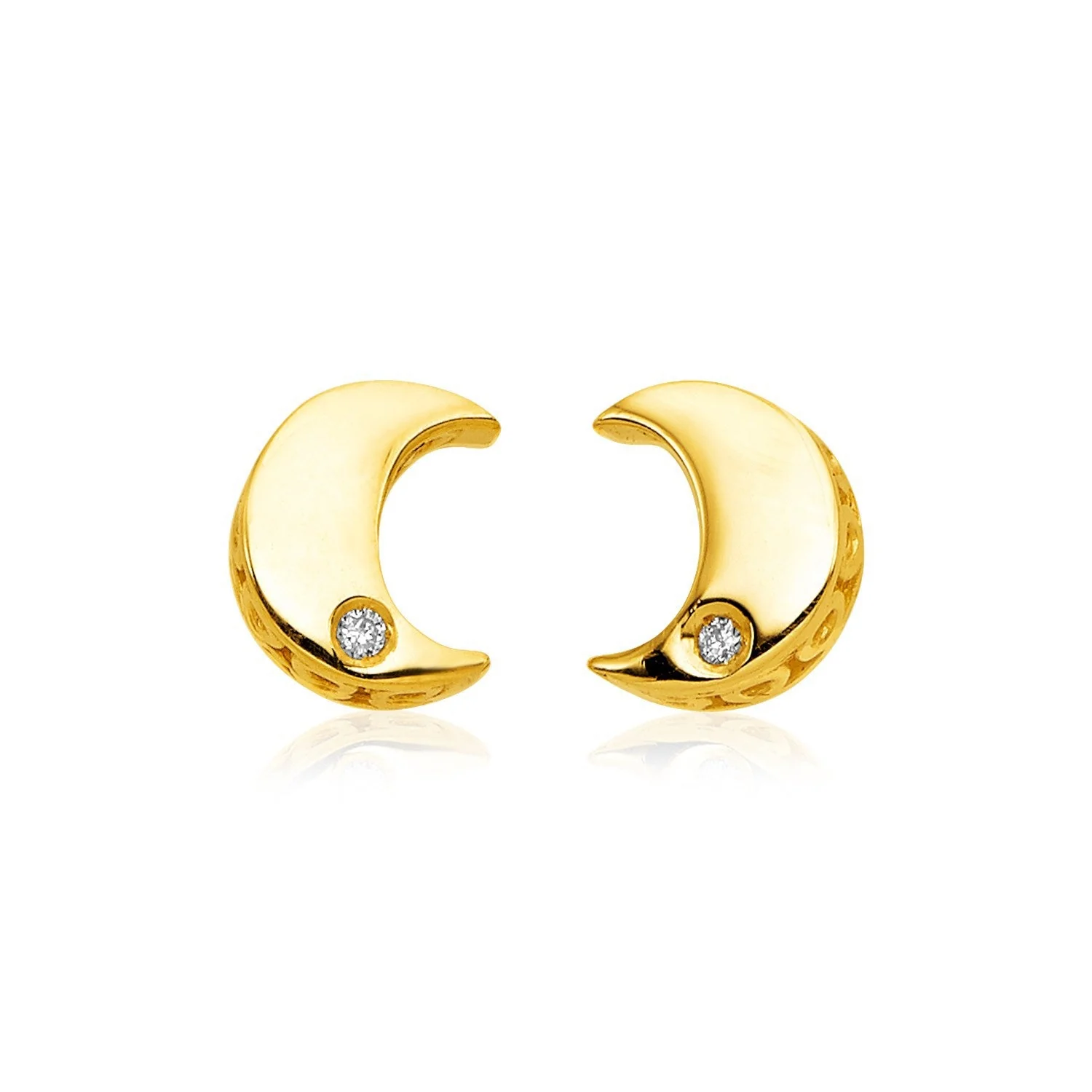 14k Yellow Gold Polished Moon Earrings with Diamonds - Image 2