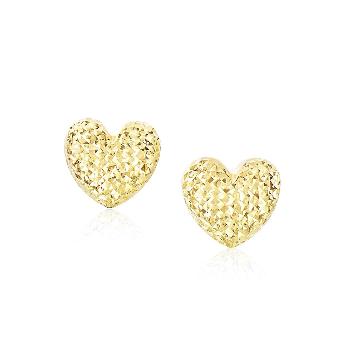 14k Yellow Gold Puffed Heart Earrings with Diamond Cuts - Image 4